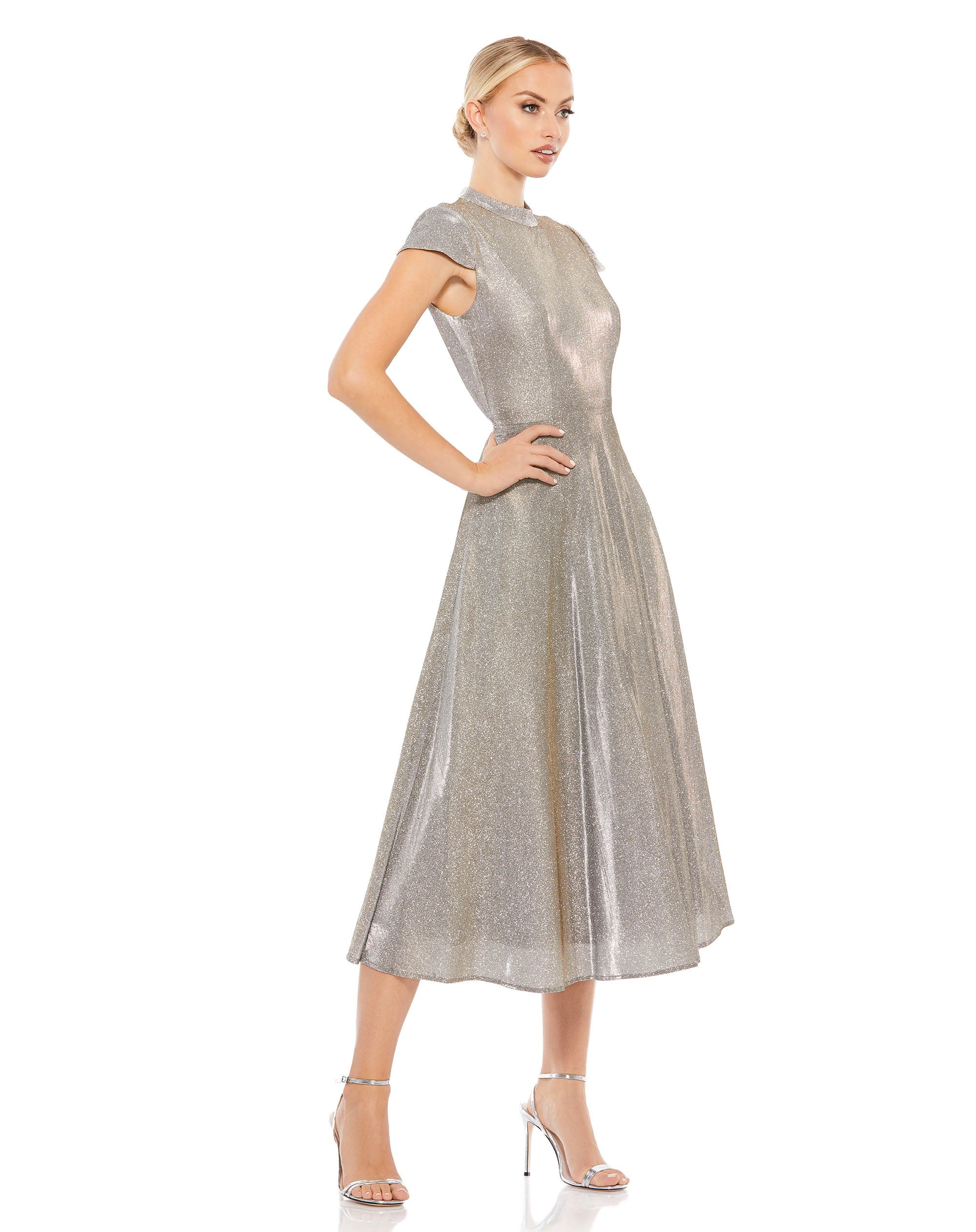 Metallic Cap Sleeve Tea-Length Dress