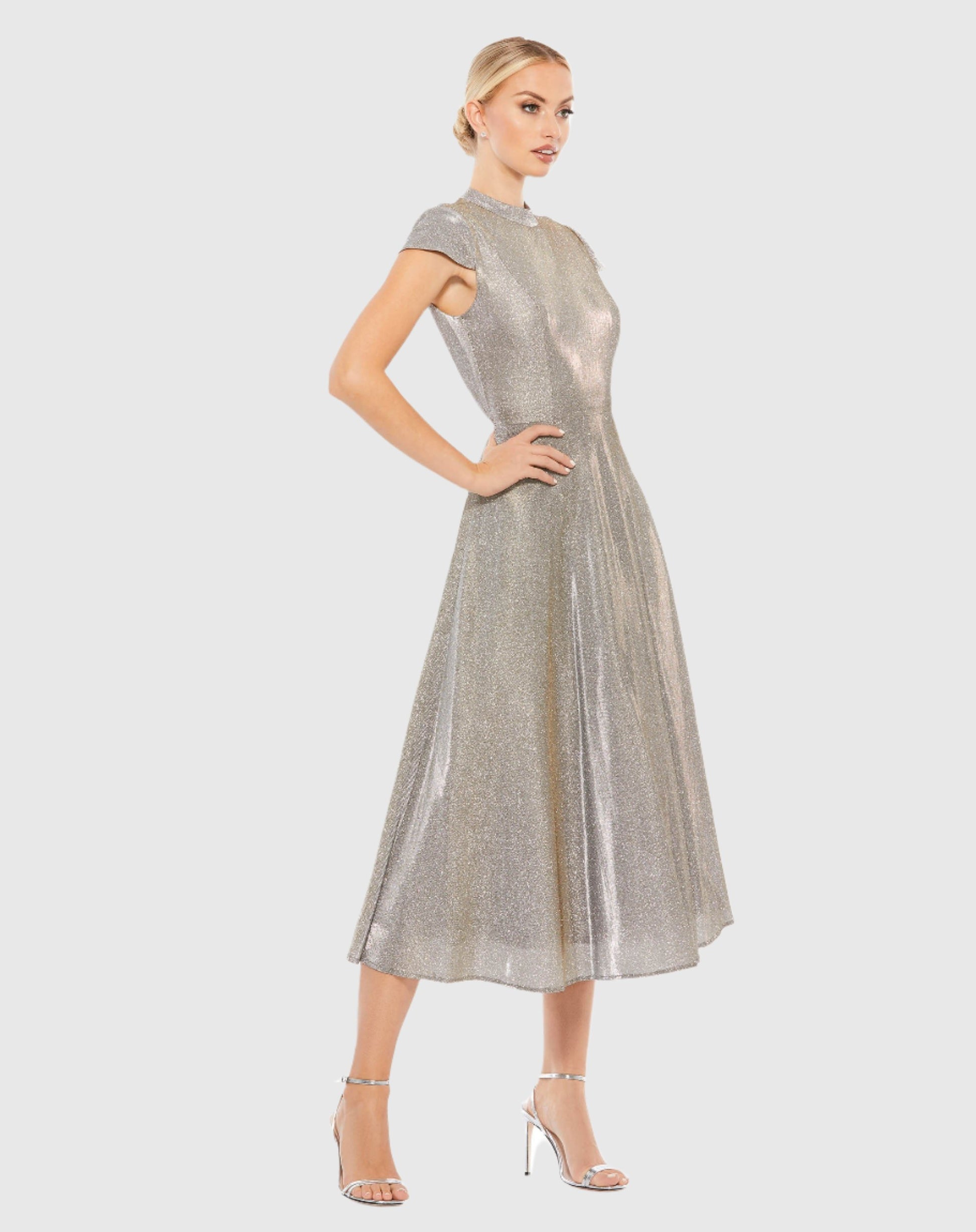 Metallic Cap Sleeve Tea-Length Dress