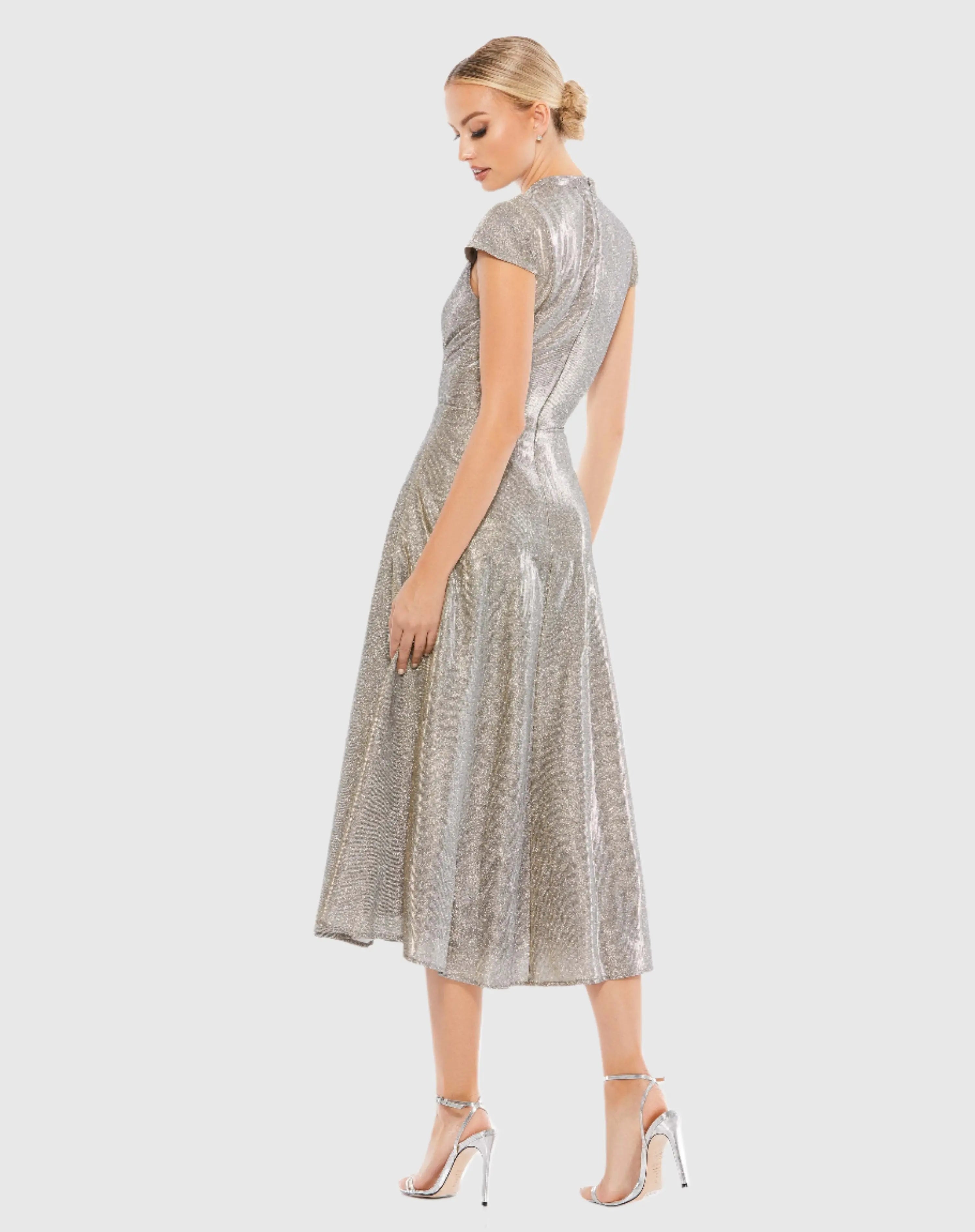 Silver Metallic Cap Sleeve Tea-Length Dress Ieena for Mac Duggal