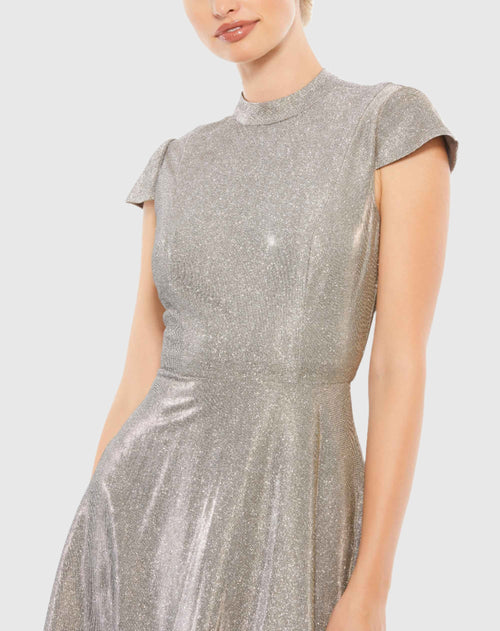 Metallic Cap Sleeve Tea-Length Dress