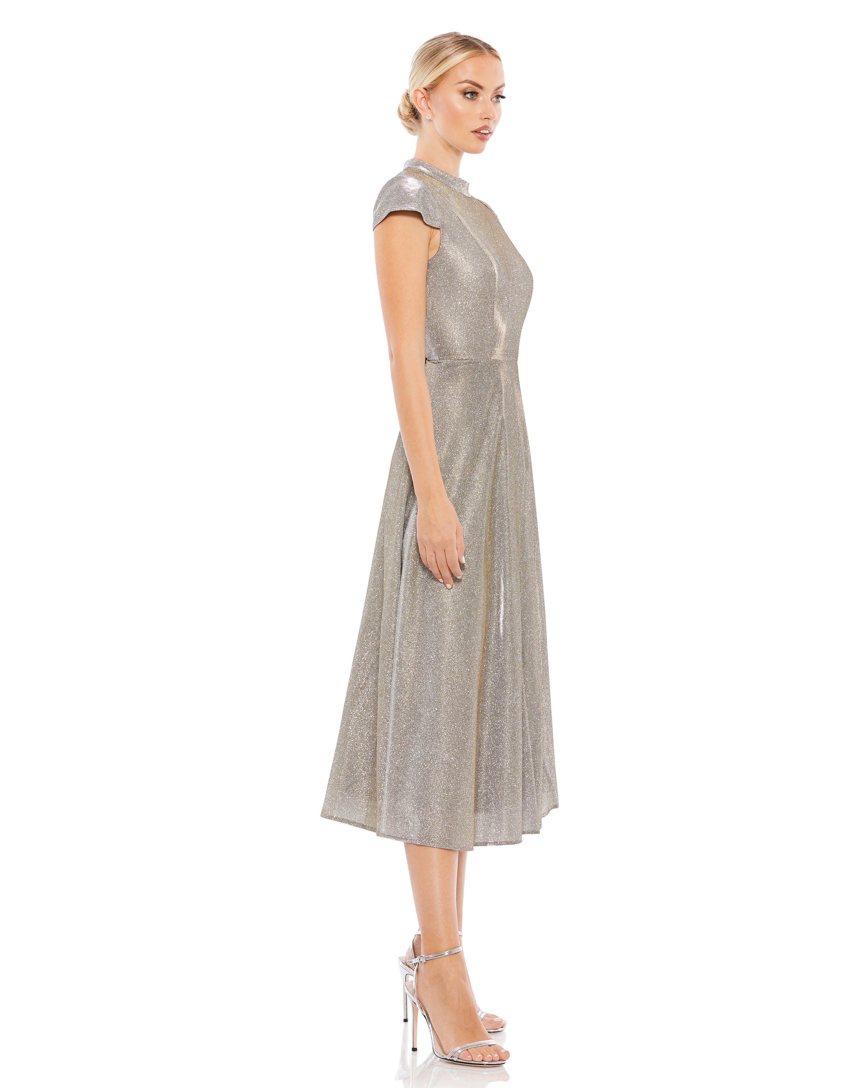 Metallic Cap Sleeve Tea-Length Dress