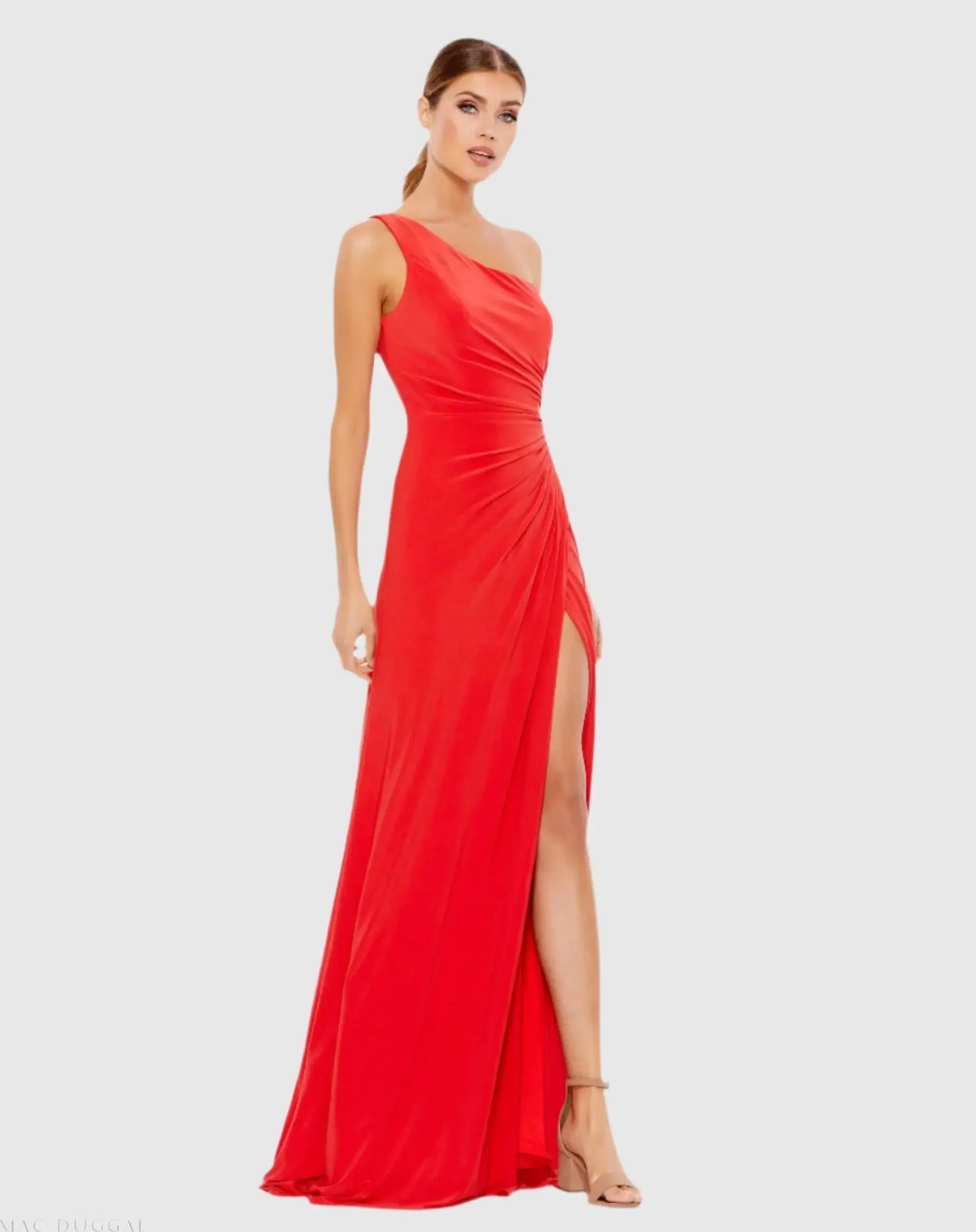 Red One Shoulder Ruched Jersey Evening Gown - Ieena for Mac Duggal