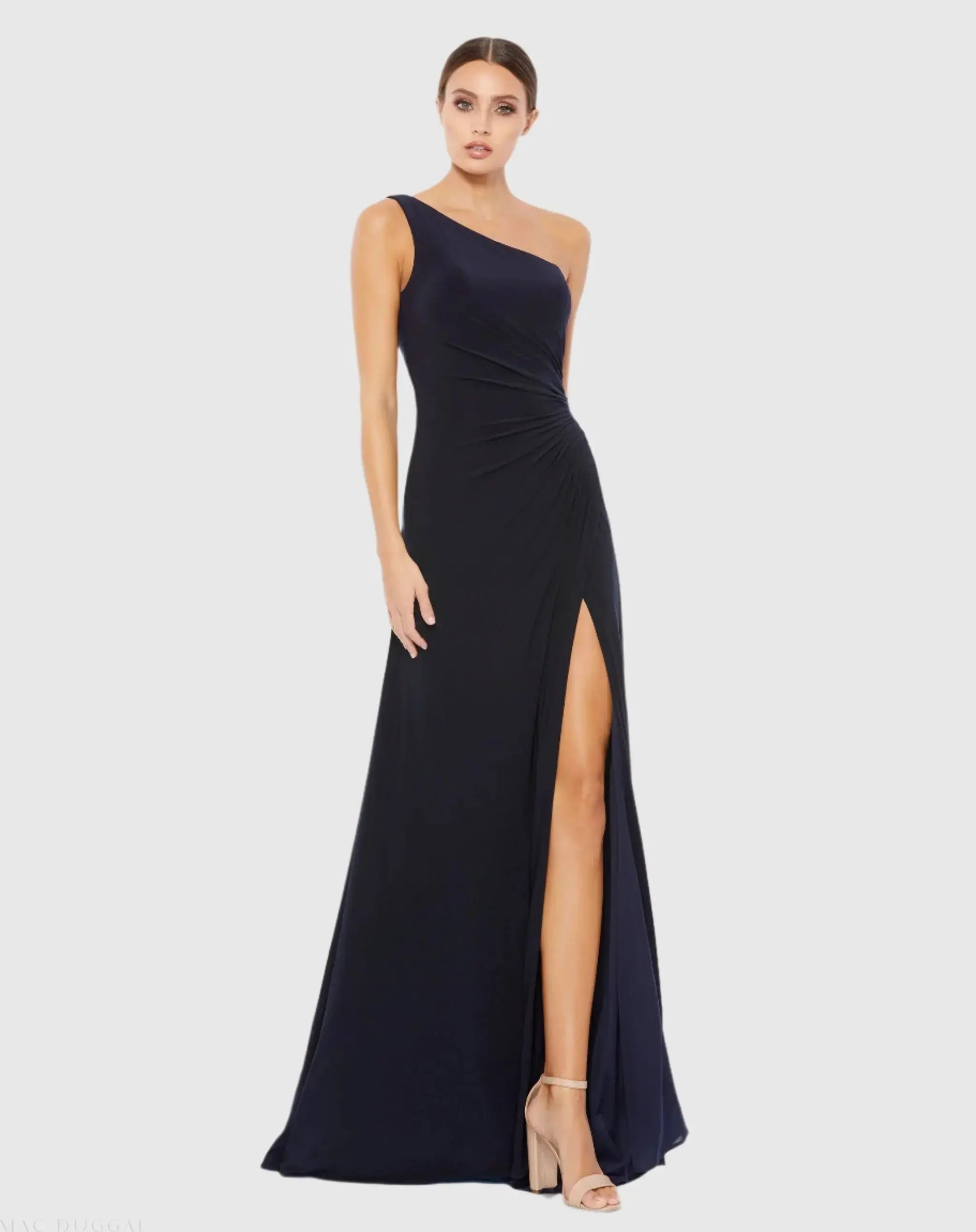 Blue One Shoulder Ruched Jersey Evening Gown