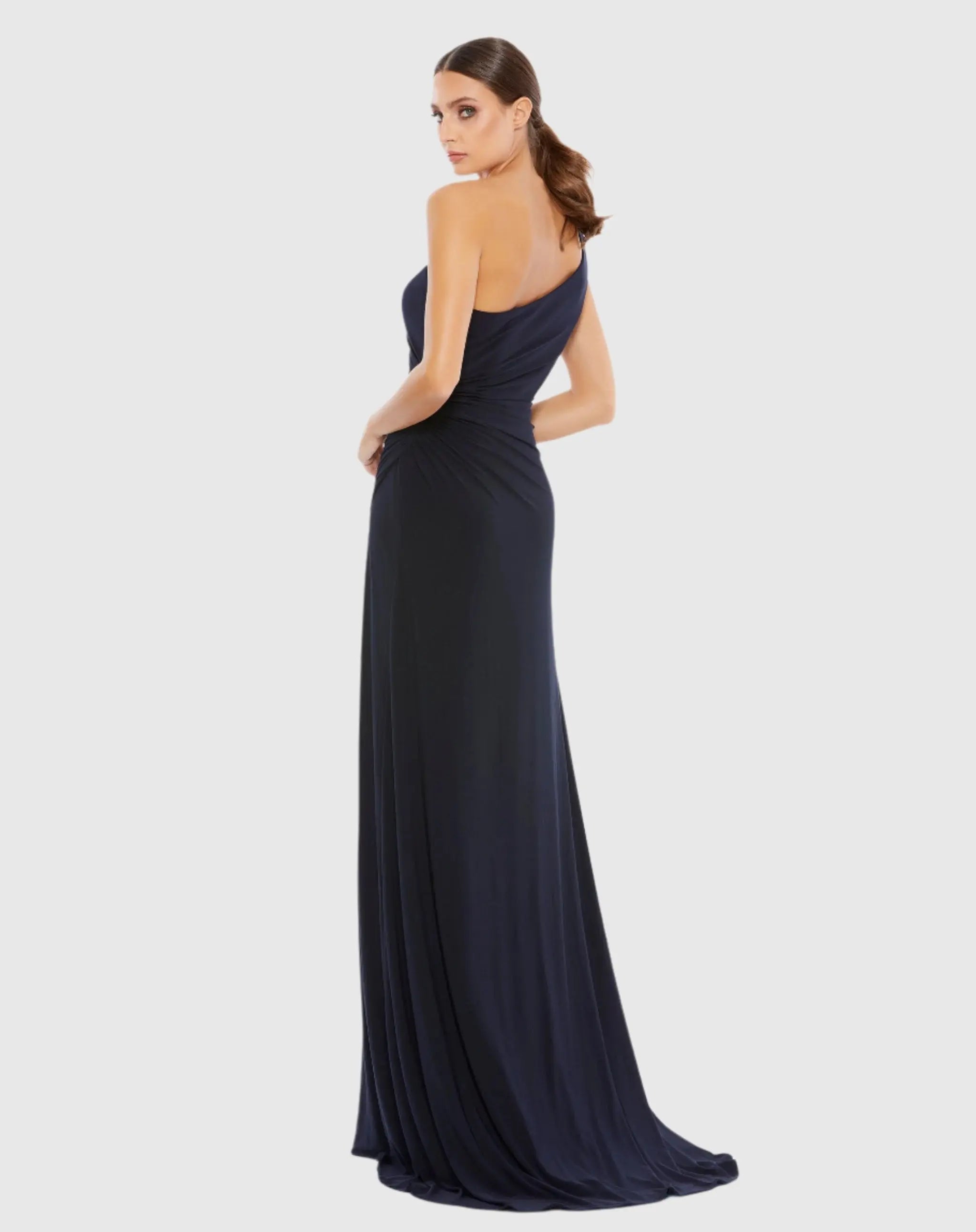 Navy One Shoulder Ruched Jersey Evening Gown Ieena for Mac Duggal