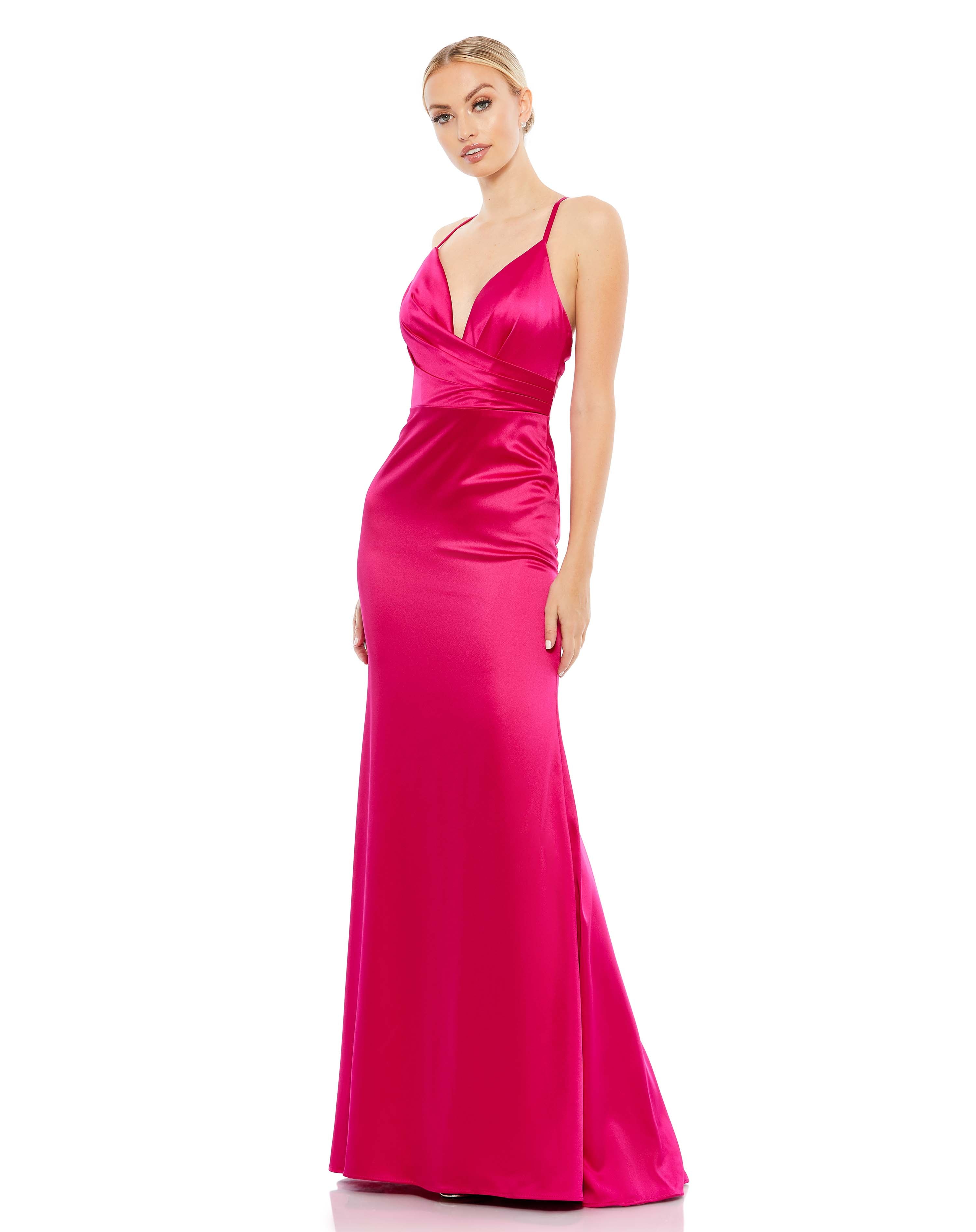 Plunging Faux Wrap Sleeveless Evening Gown