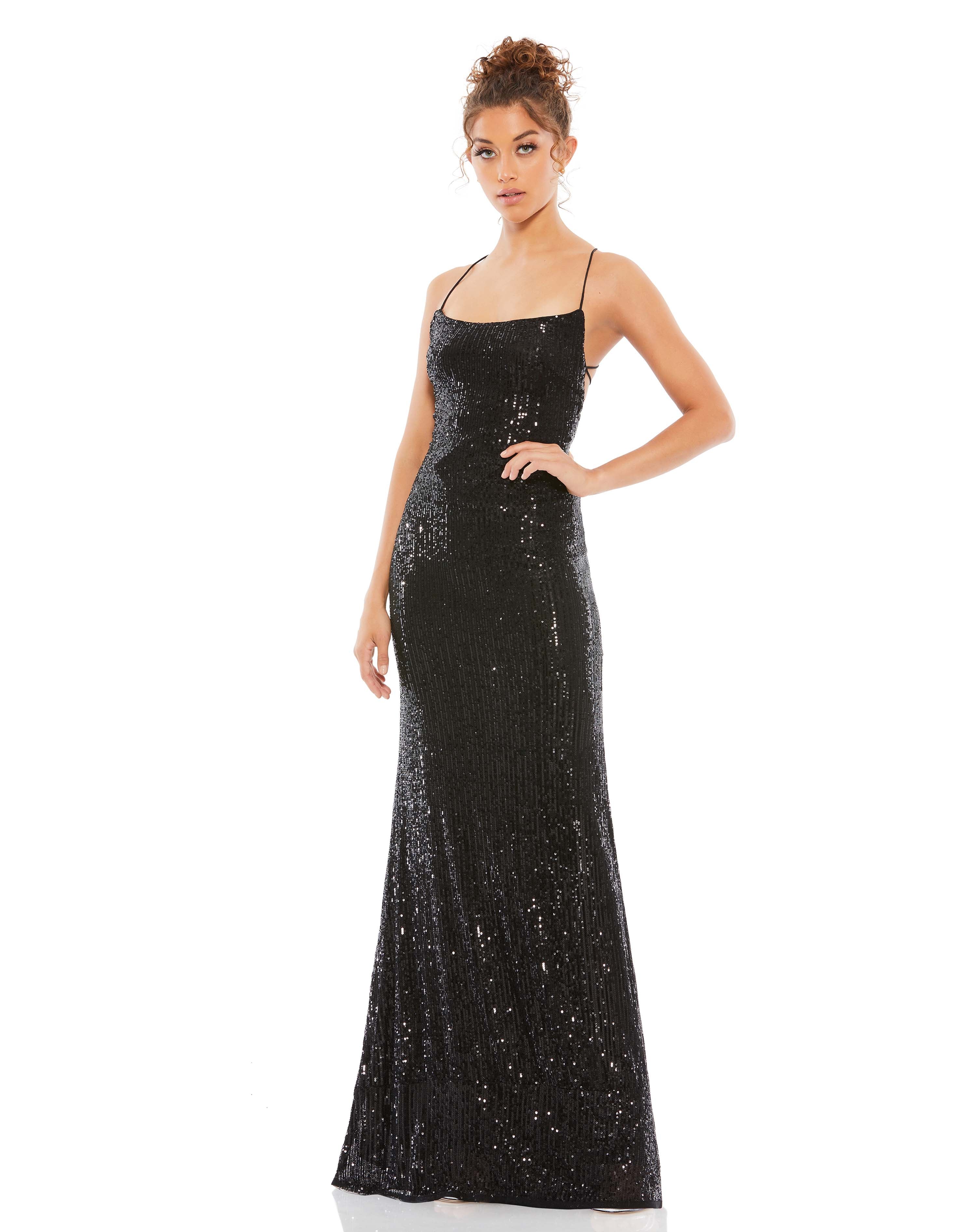 Stretch Sequin Lace Up Back Evening Gown