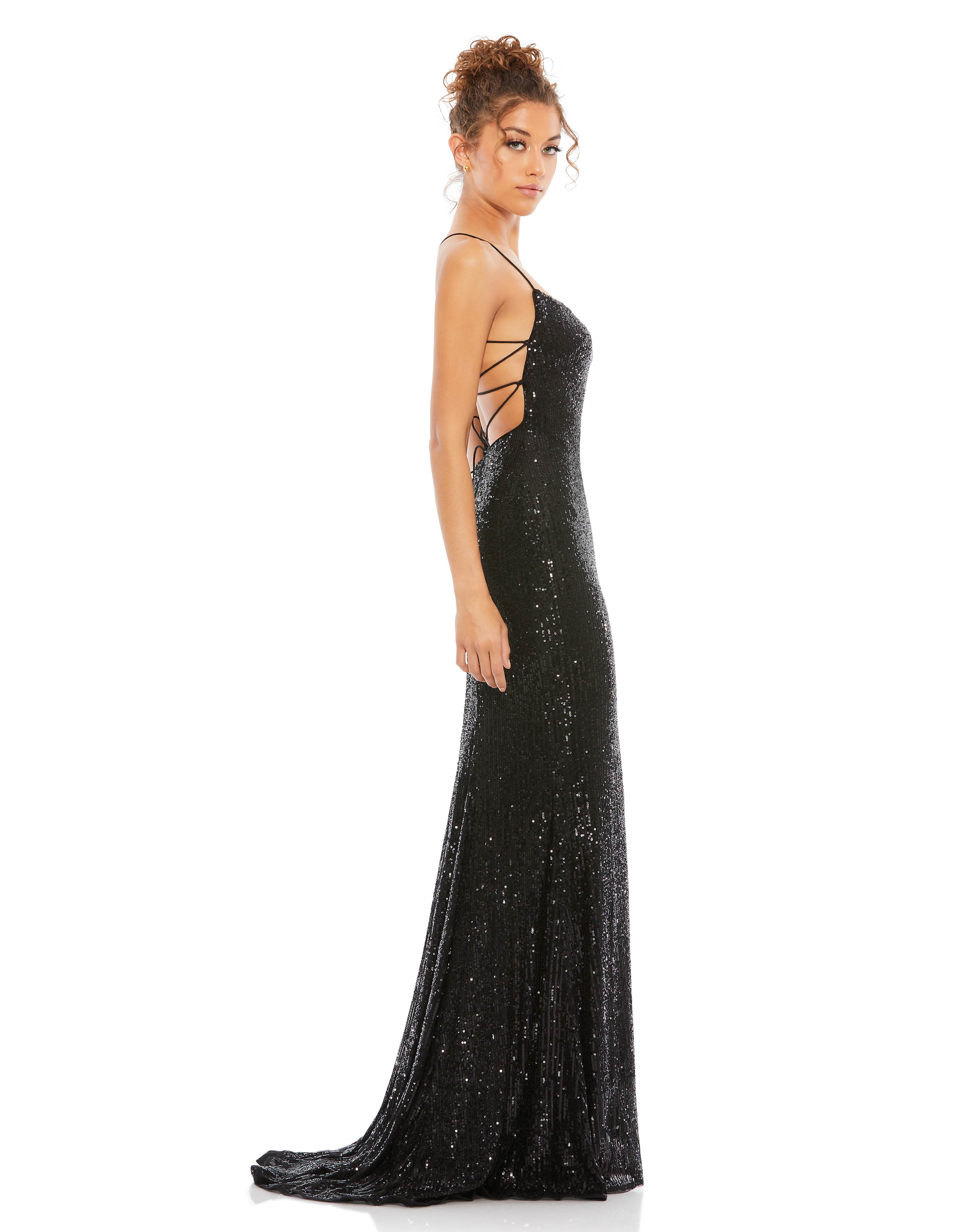 Stretch Sequin Lace Up Back Evening Gown