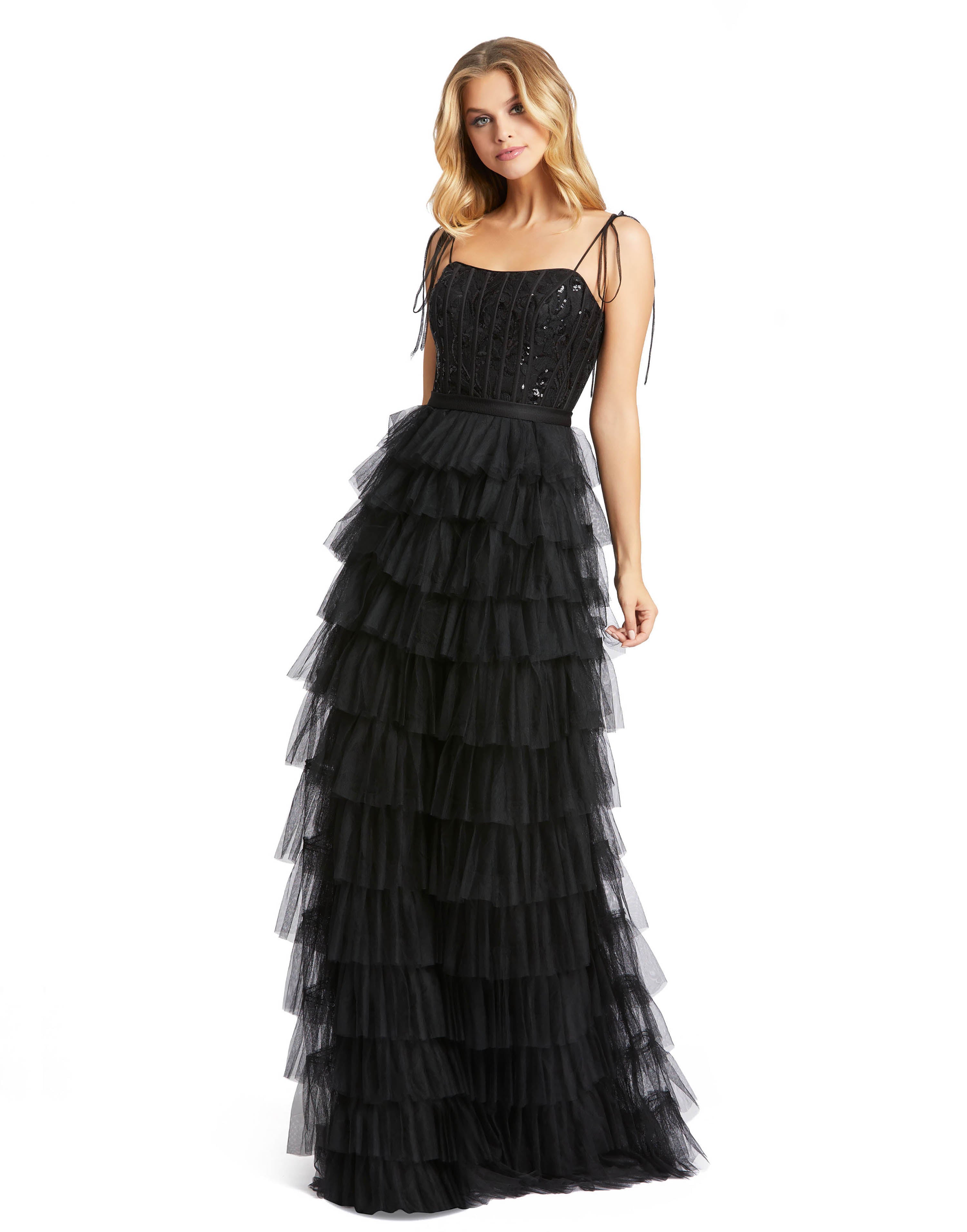 Sequined Bustier Tiered Ruffle Gown