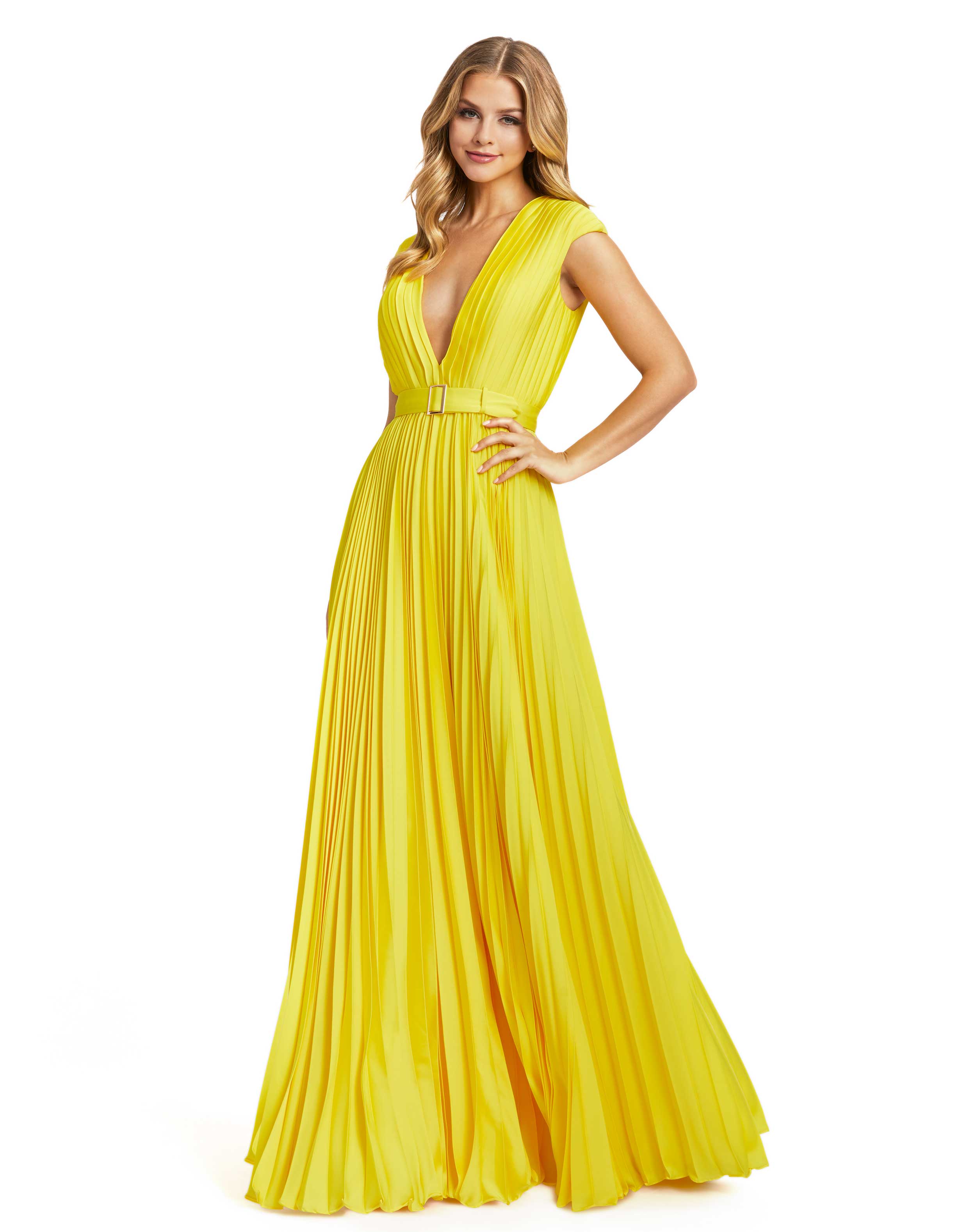 Pleated Plunge Neck Belted Satin Gown