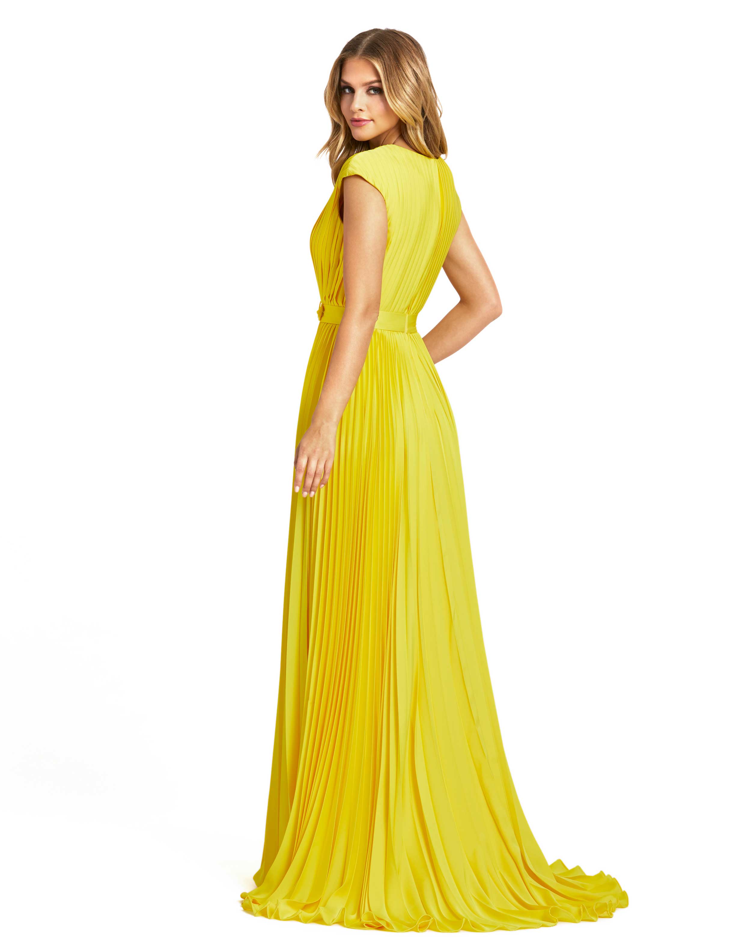 Pleated Plunge Neck Belted Satin Gown