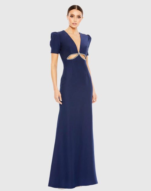 Plunge Neck Puff Sleeve Cut Out Gown