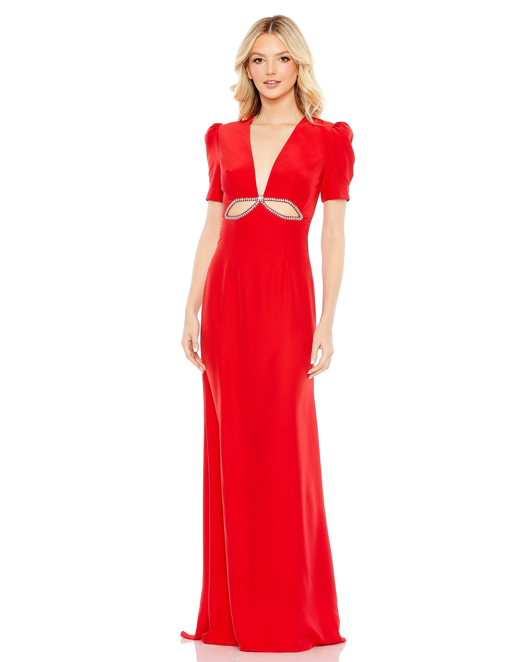 Puff Sleeve Embellished Cutout Evening Gown