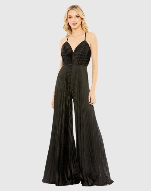 Pleated Plunge Neck Wide Leg Jumpsuit