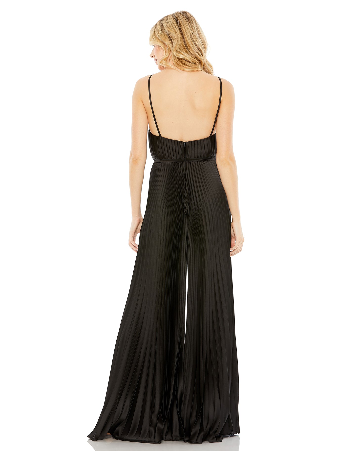 Pleated Plunge Neck Wide Leg Jumpsuit