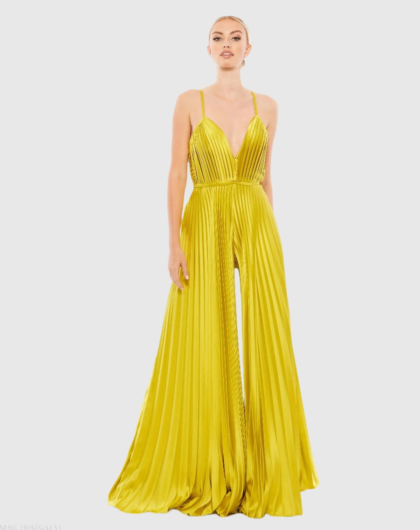 Green Pleated Plunge Neck Wide Leg Jumpsuit - Ieena for Mac Duggal