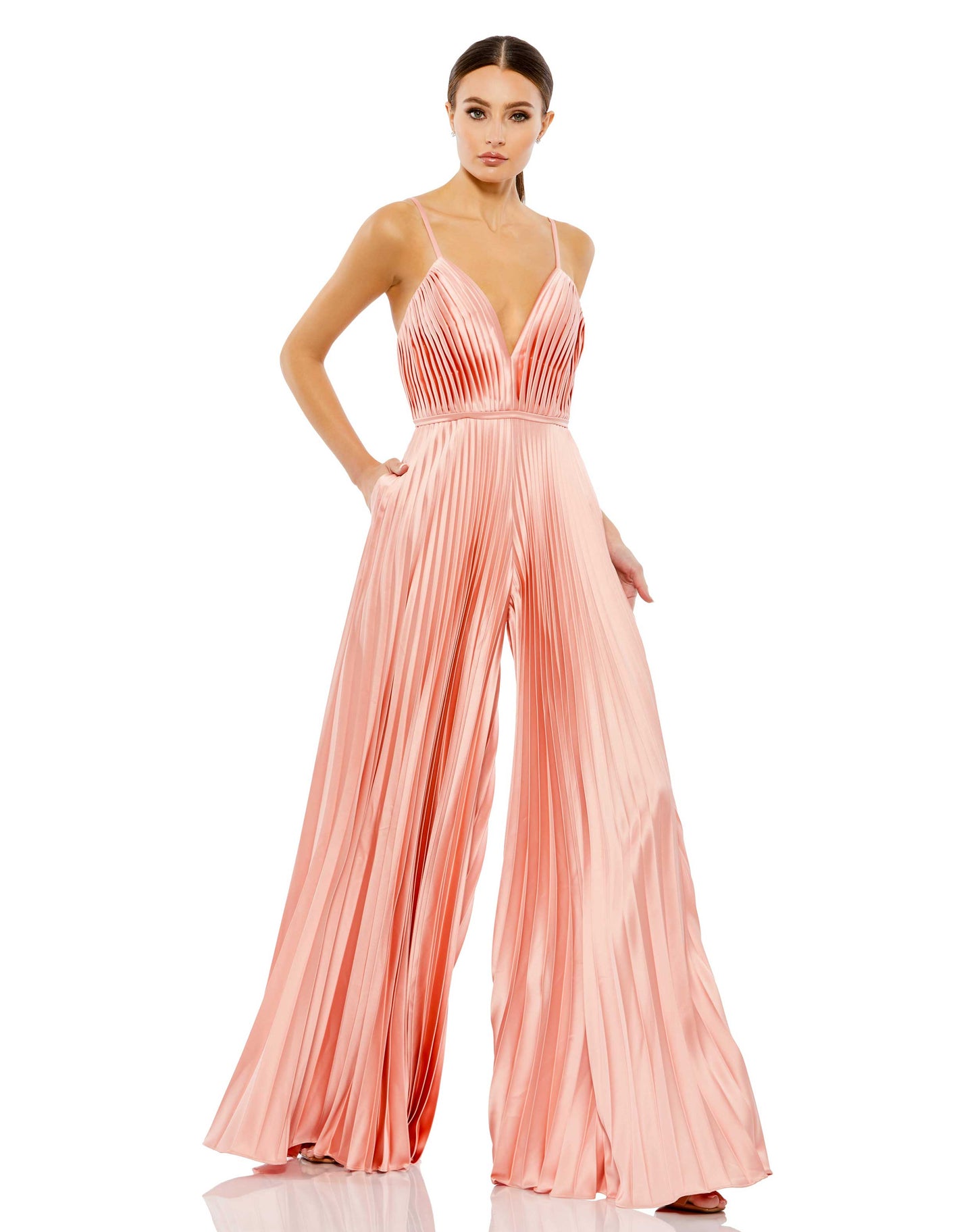 Pleated Plunge Neck Wide Leg Jumpsuit