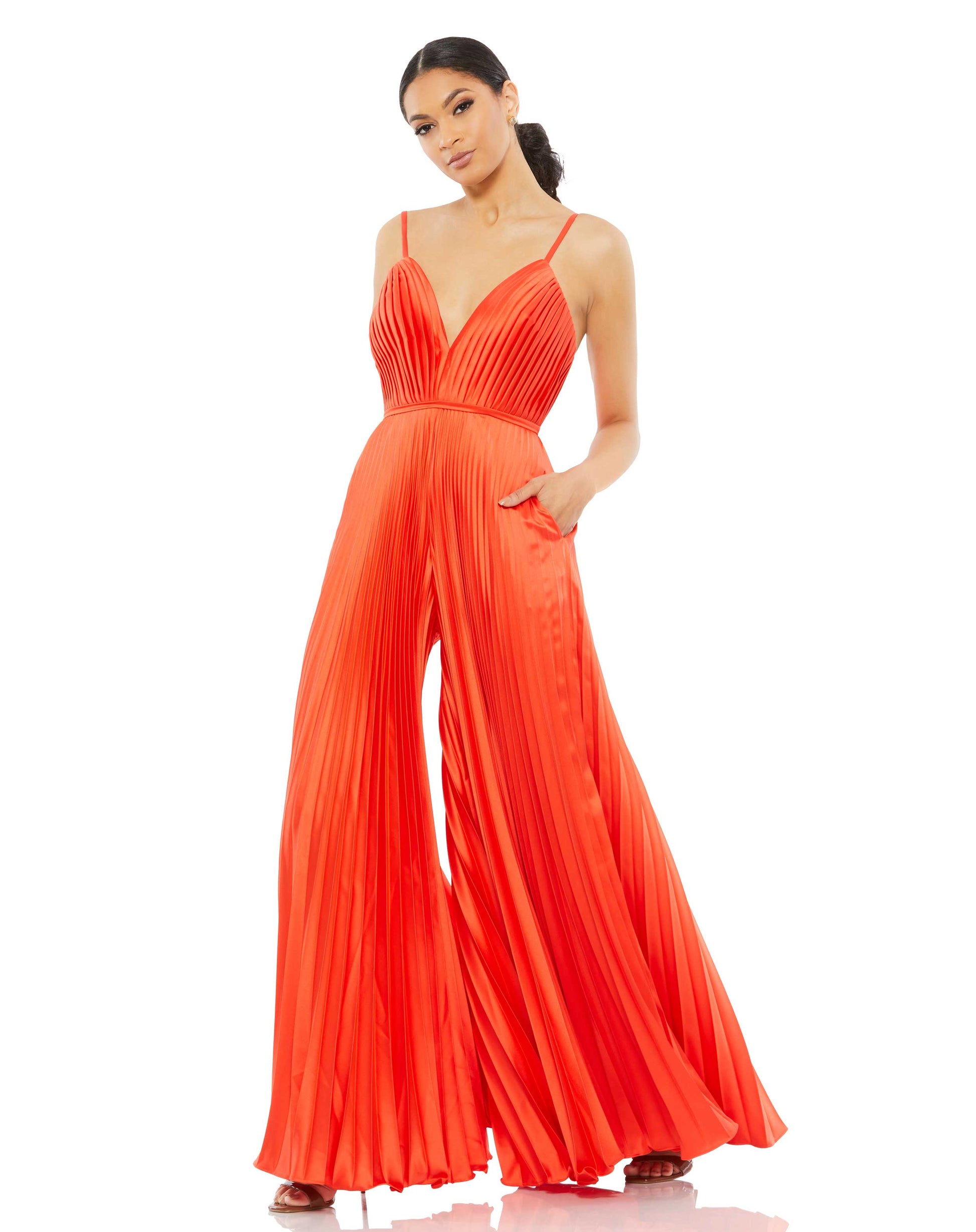 Pleated Plunge Neck Wide Leg Jumpsuit