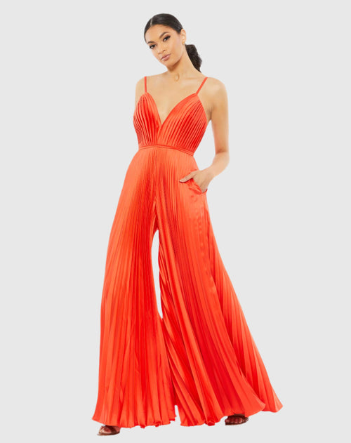 Pleated Plunge Neck Wide Leg Jumpsuit