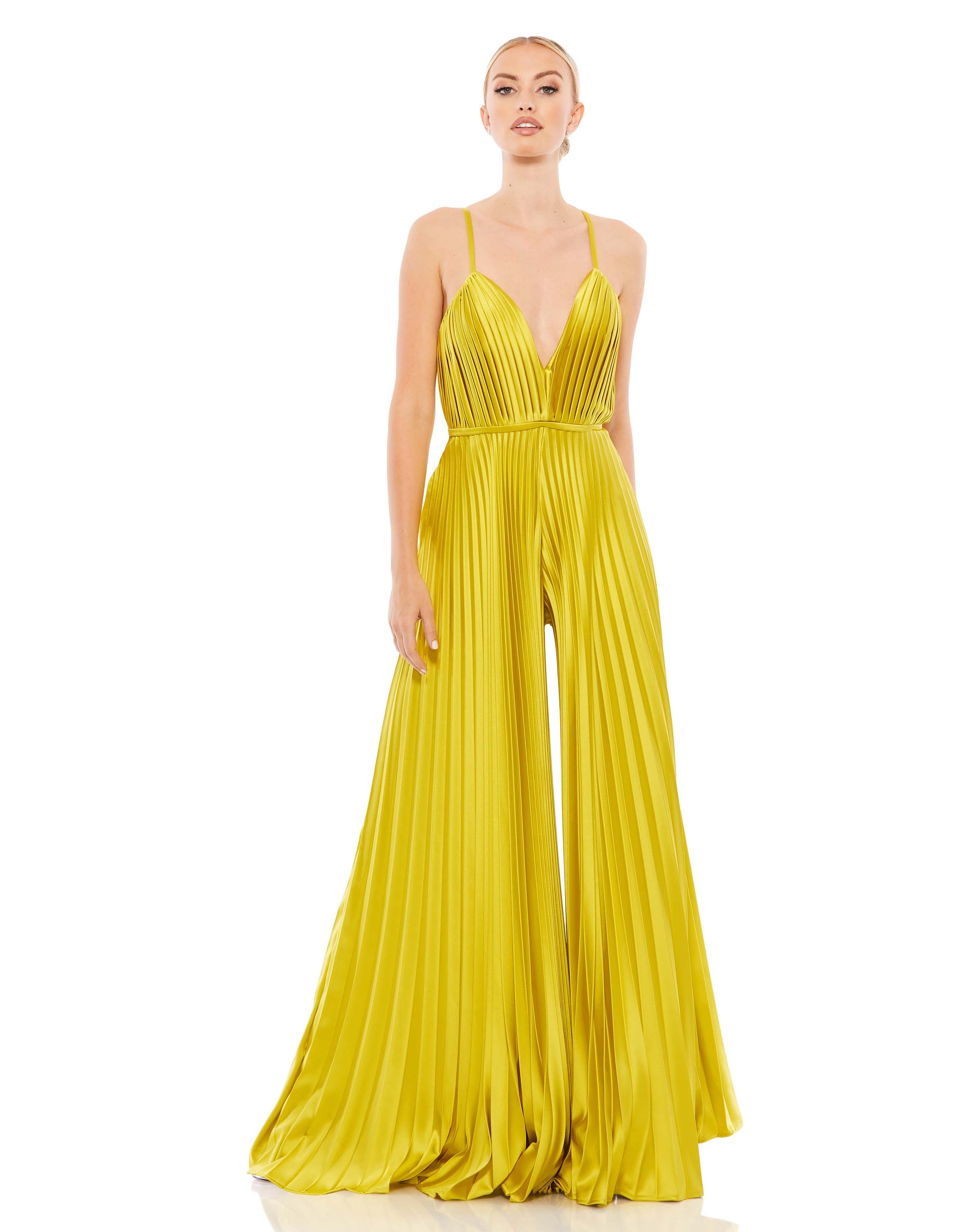 Pleated Plunge Neck Wide Leg Jumpsuit