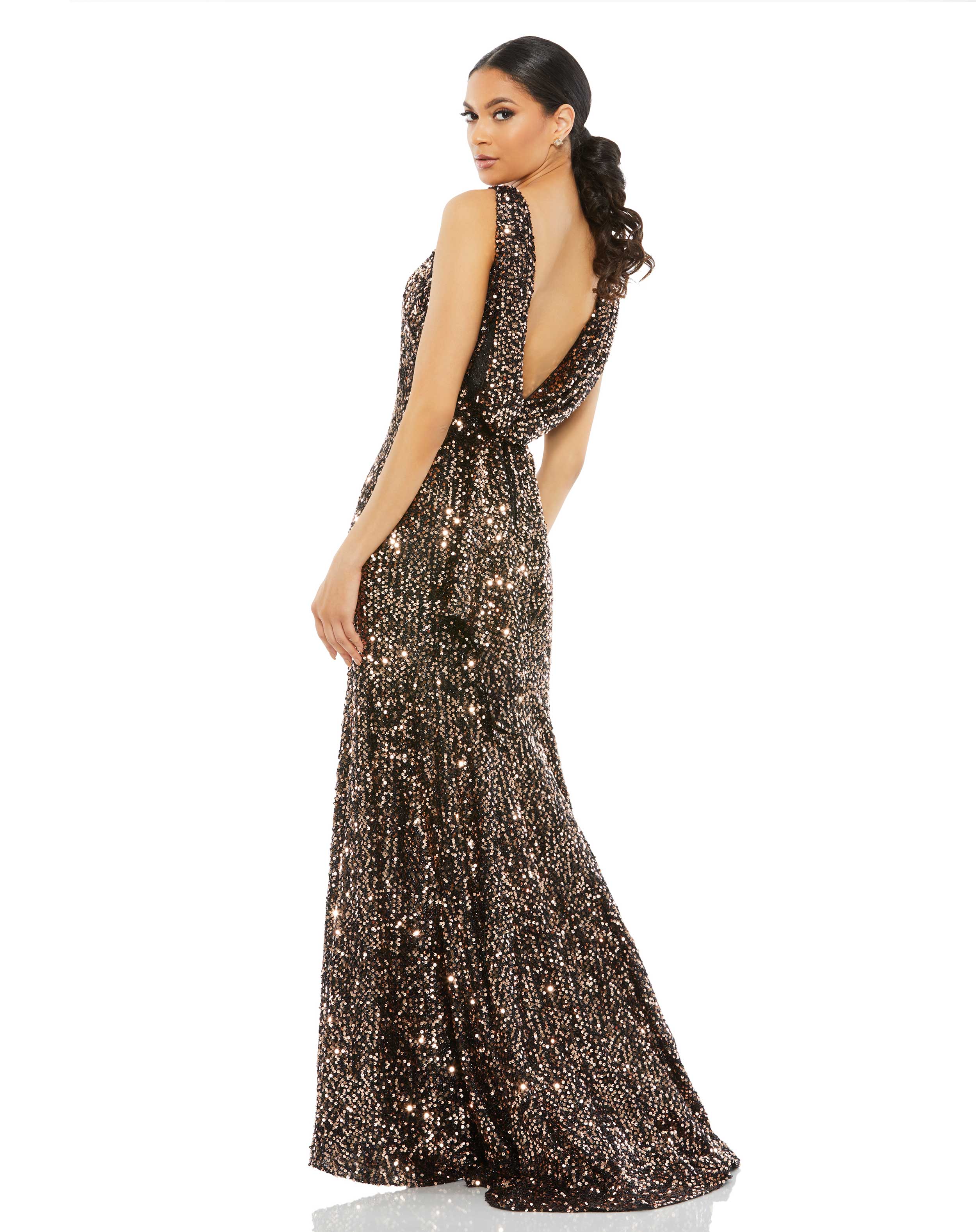 Cowl Back Boat Neck Sequined Evening Gown