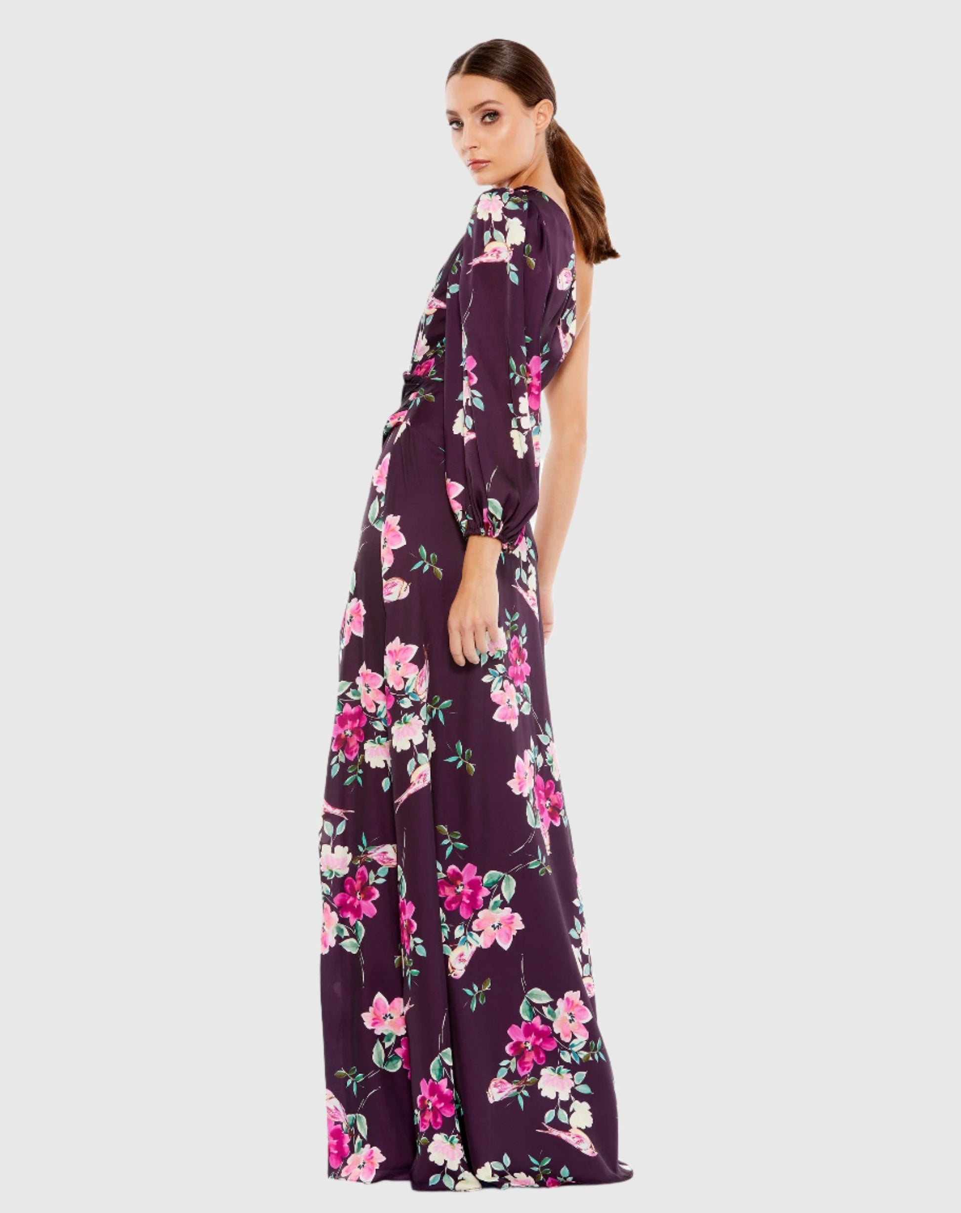 mac duggal purple floral dress Purple Floral Embroidered Satin Strapless Gown