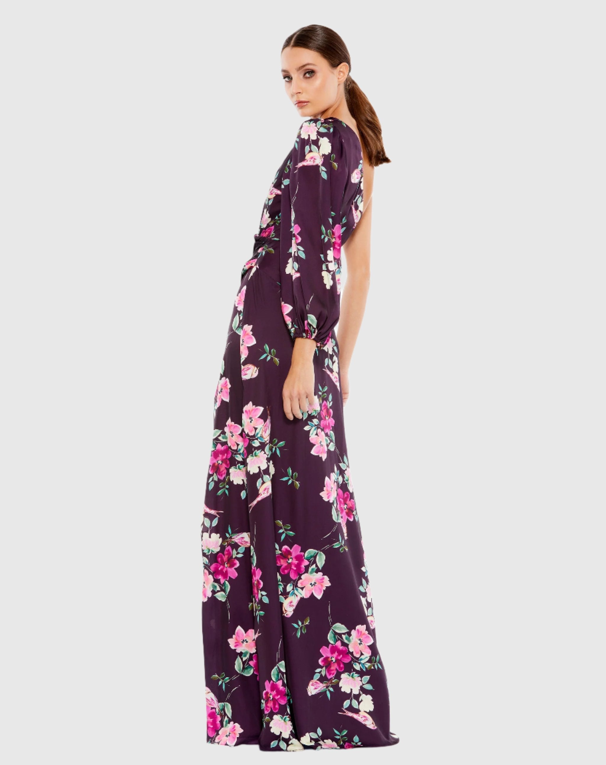 Purple Floral Print One Sleeve Gown - Ieena for Mac Duggal
