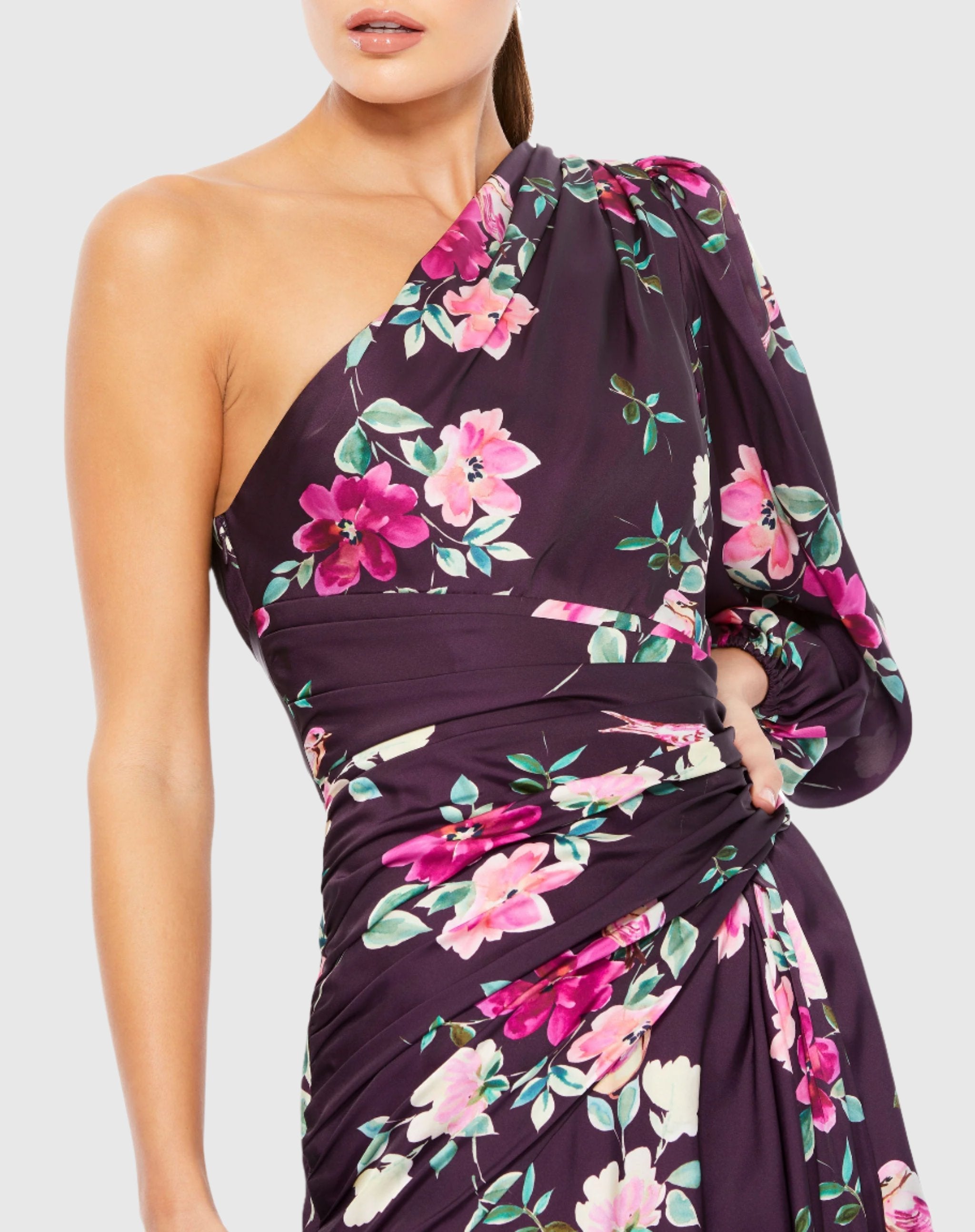 Purple Floral Print One Sleeve Gown - Ieena for Mac Duggal