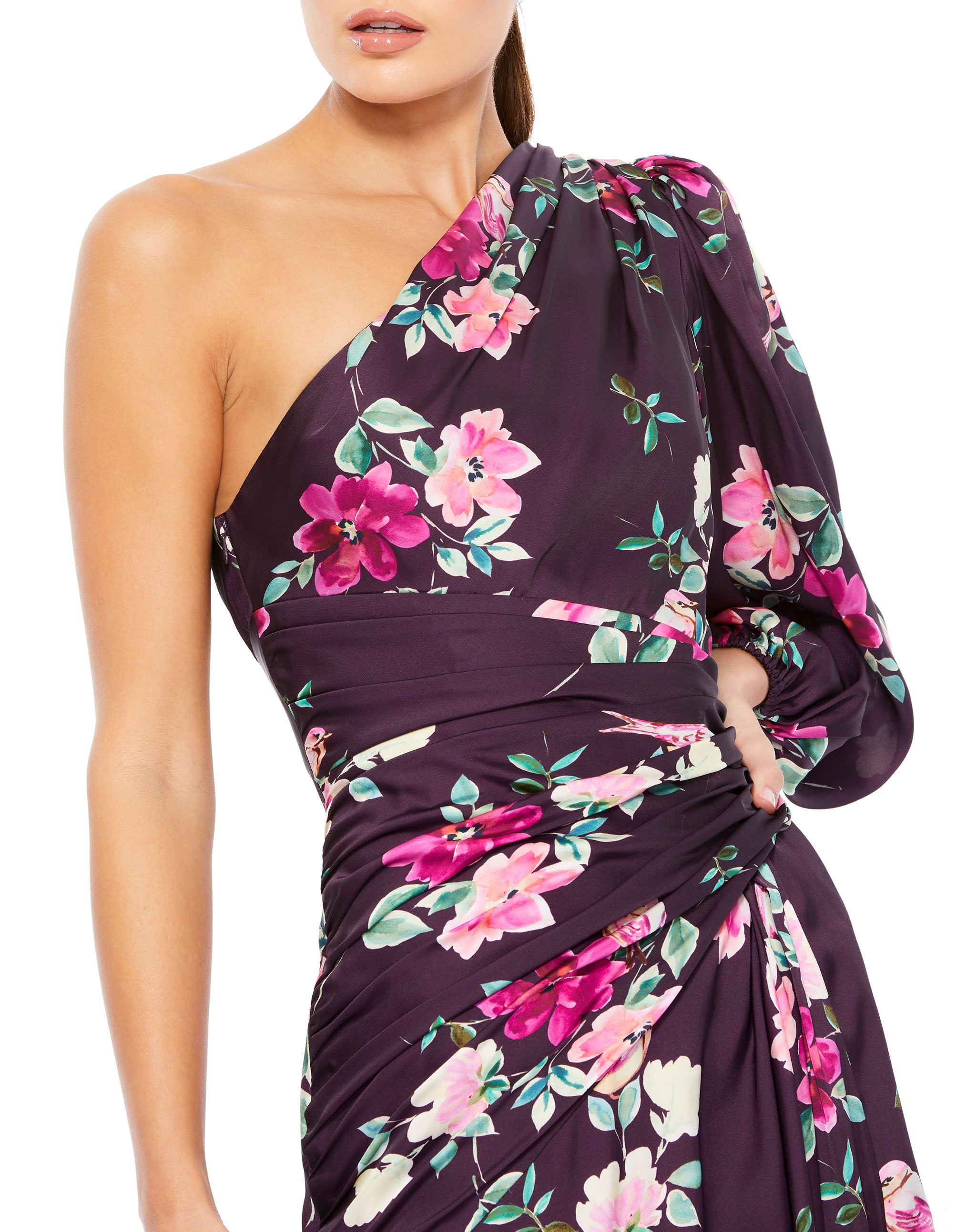 Plum Floral Print One Sleeve Gown