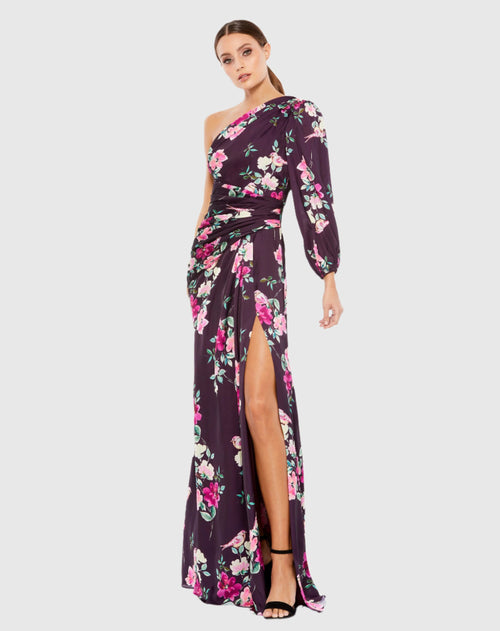 Plum Floral Print One Sleeve Gown