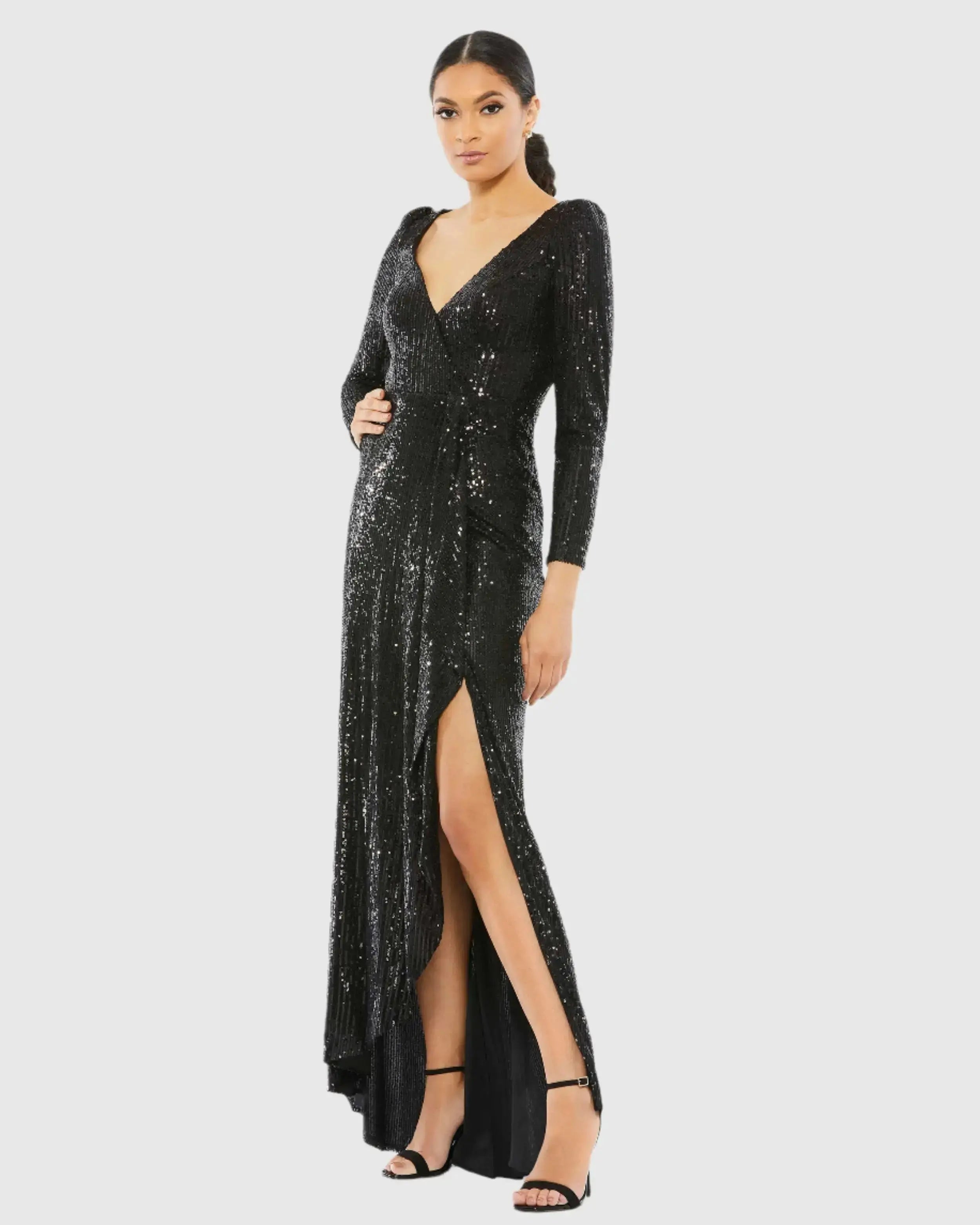 Black Faux Wrap Long Sleeve Sequin Gown - Ieena for Mac Duggal