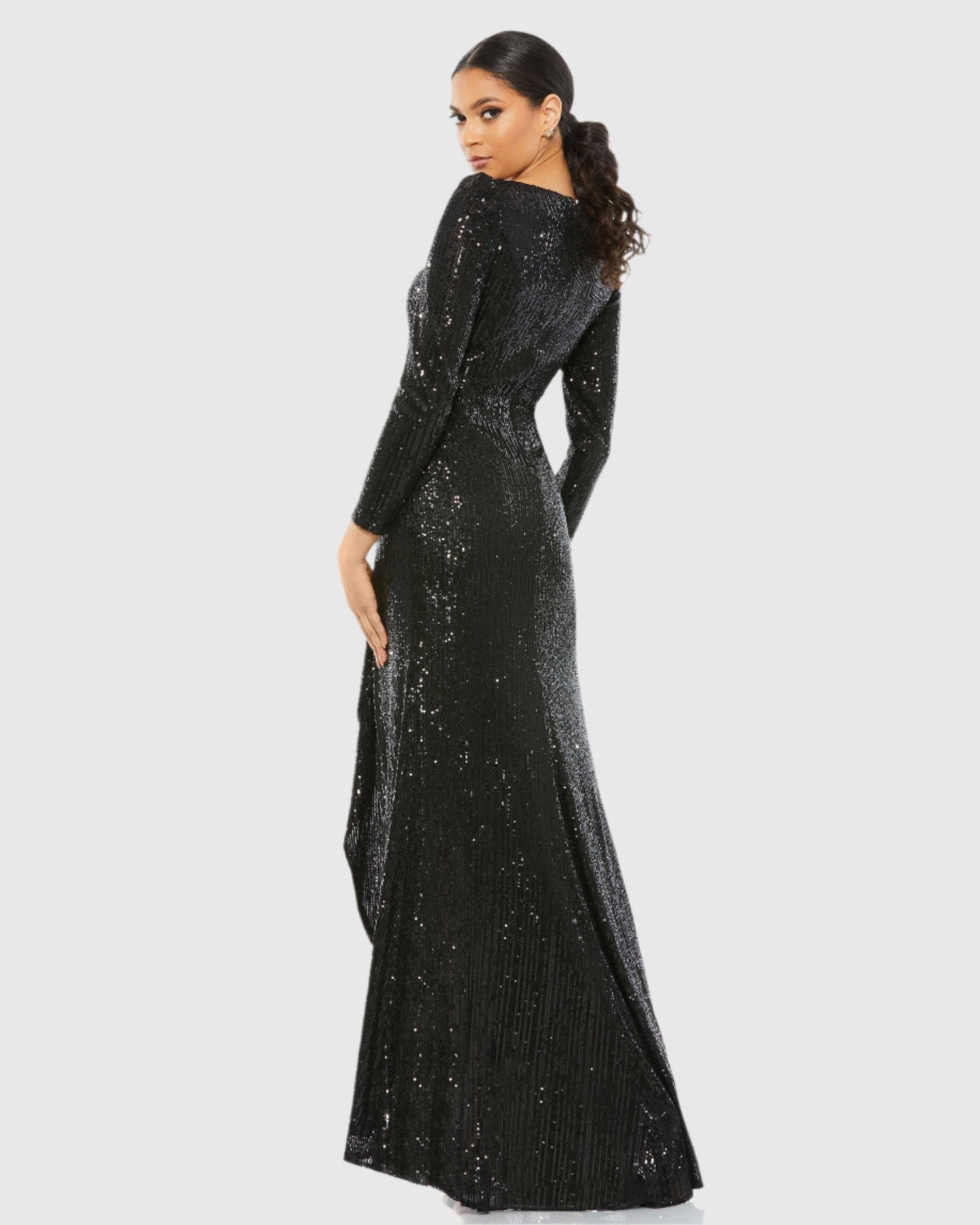 Sequined Faux Wrap Long Sleeve Gown