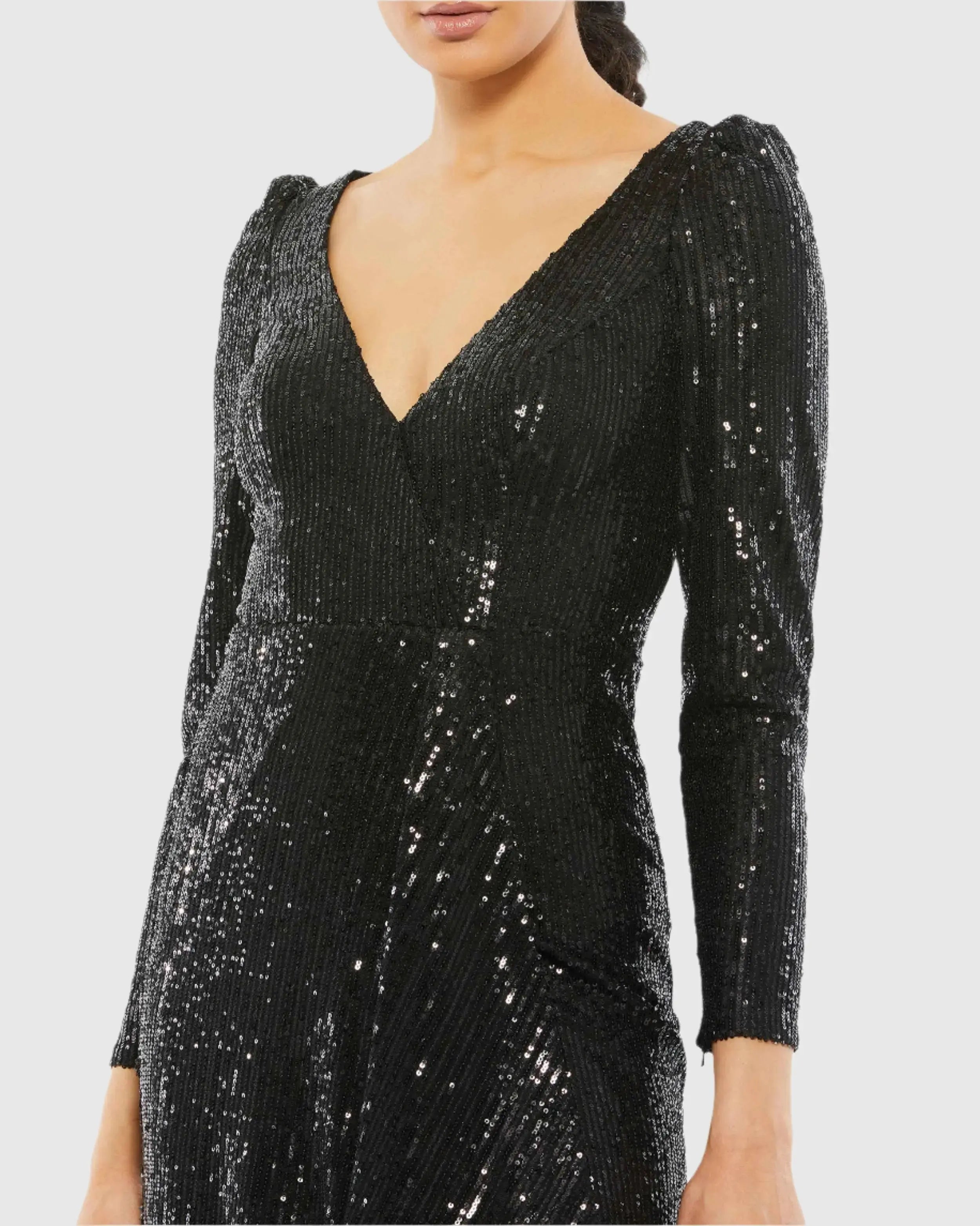 Black Faux Wrap Long Sleeve Sequin Gown - Ieena for Mac Duggal
