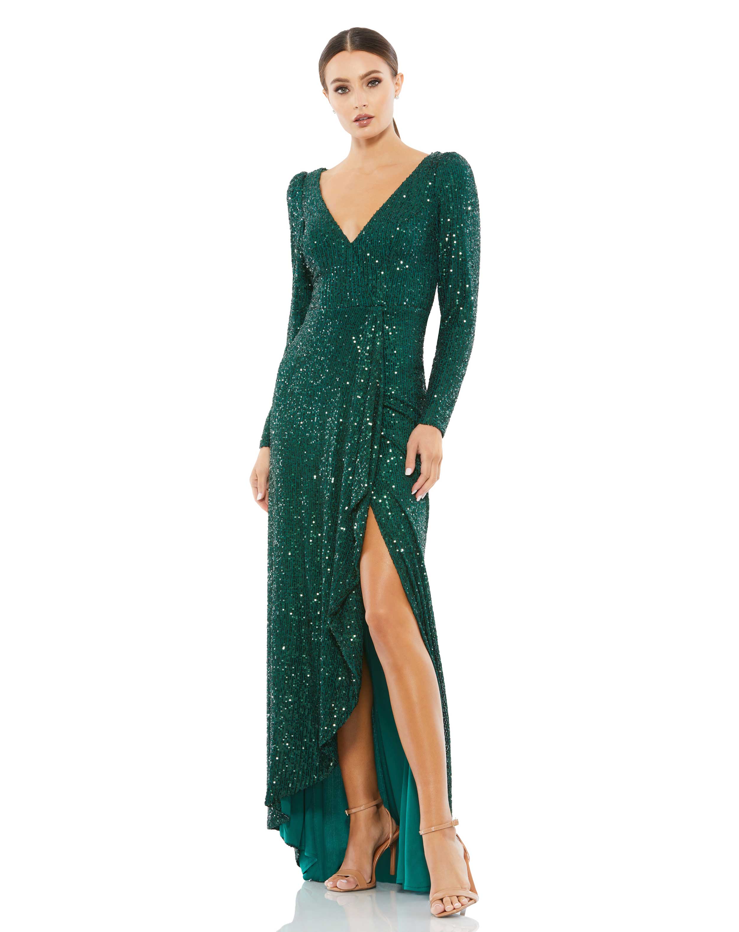 Mac Duggal green deep v-neck sequin wrap evening gown with leg slit.
