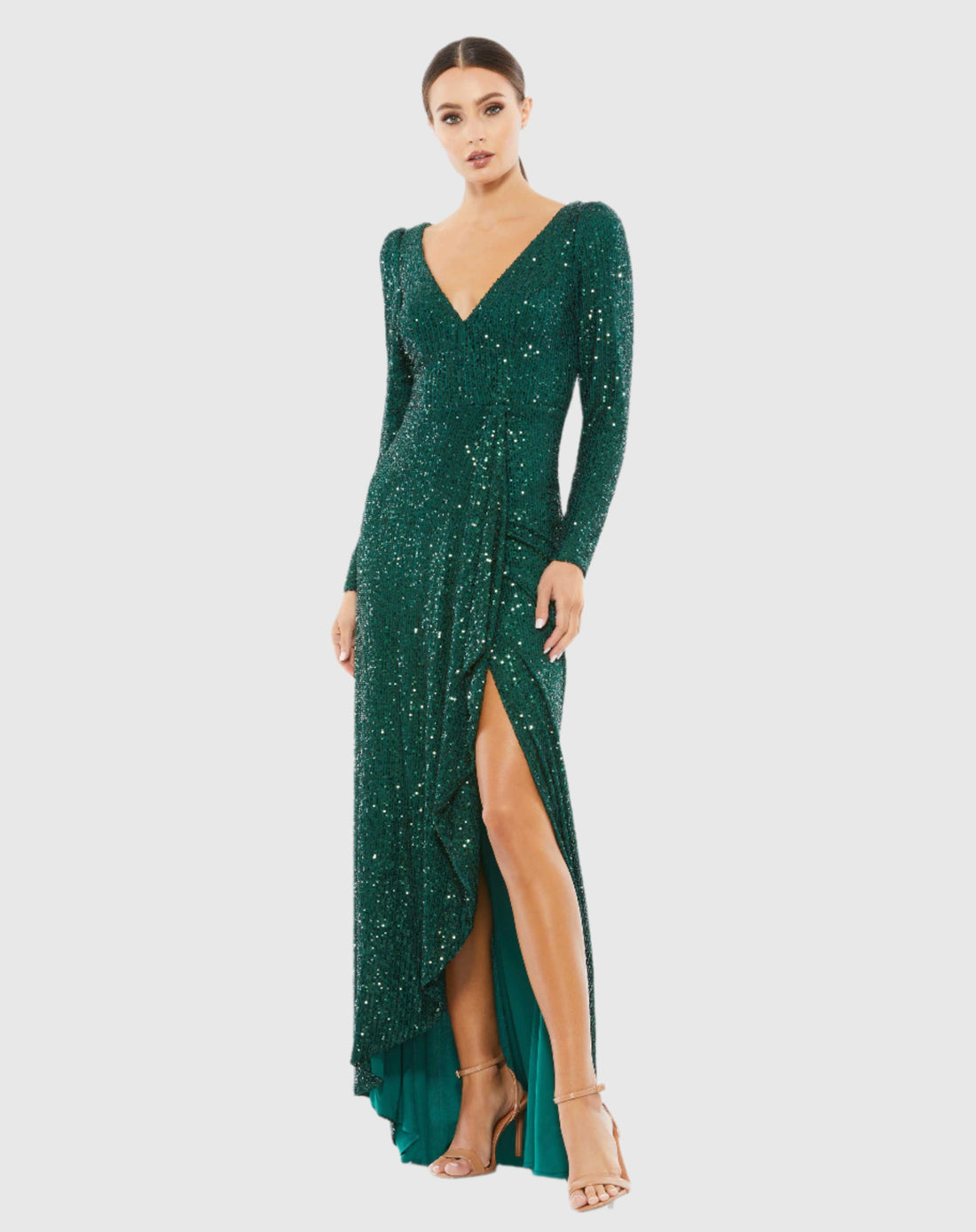 Sequined Faux Wrap Long Sleeve Gown