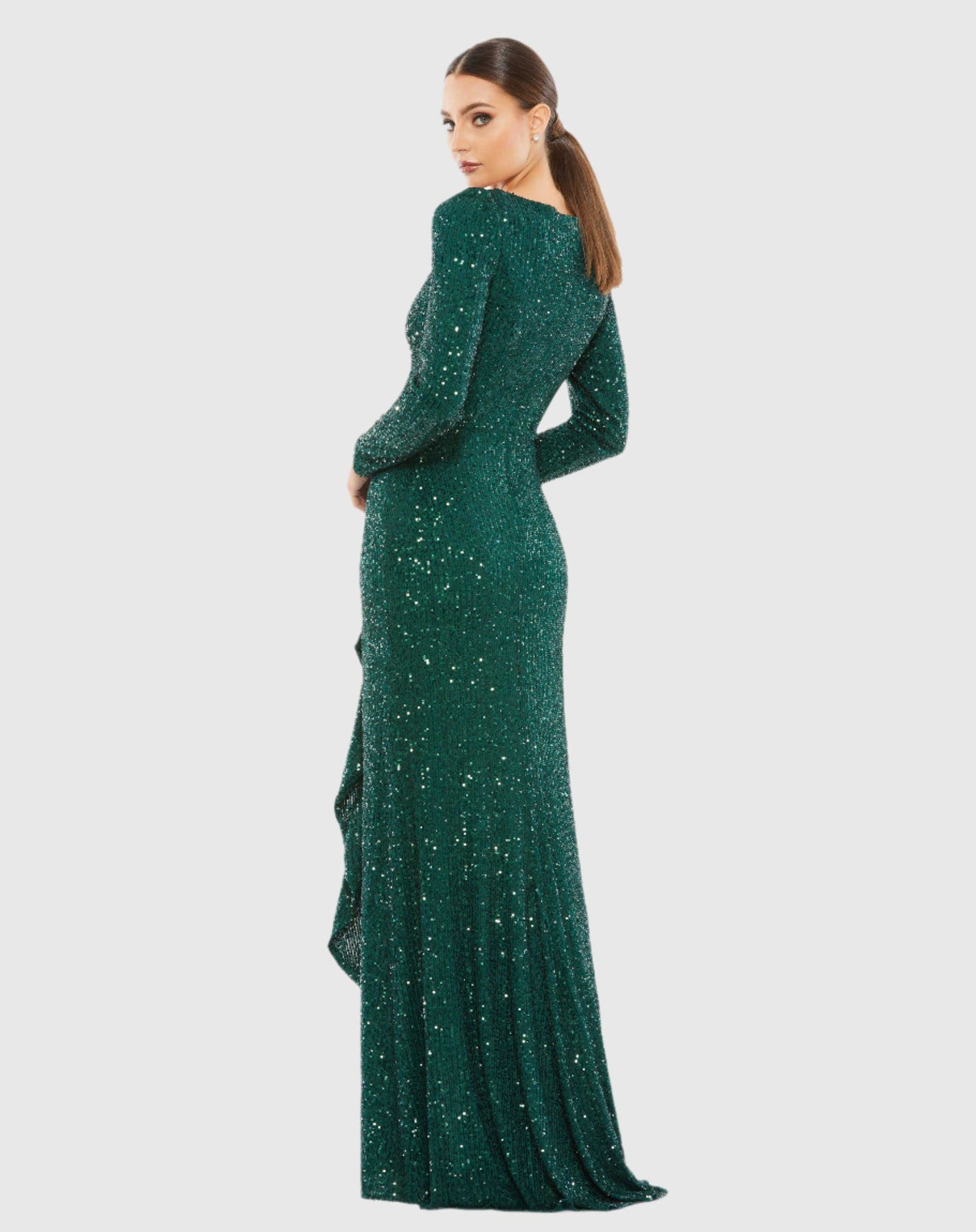 Sequined Faux Wrap Long Sleeve Gown