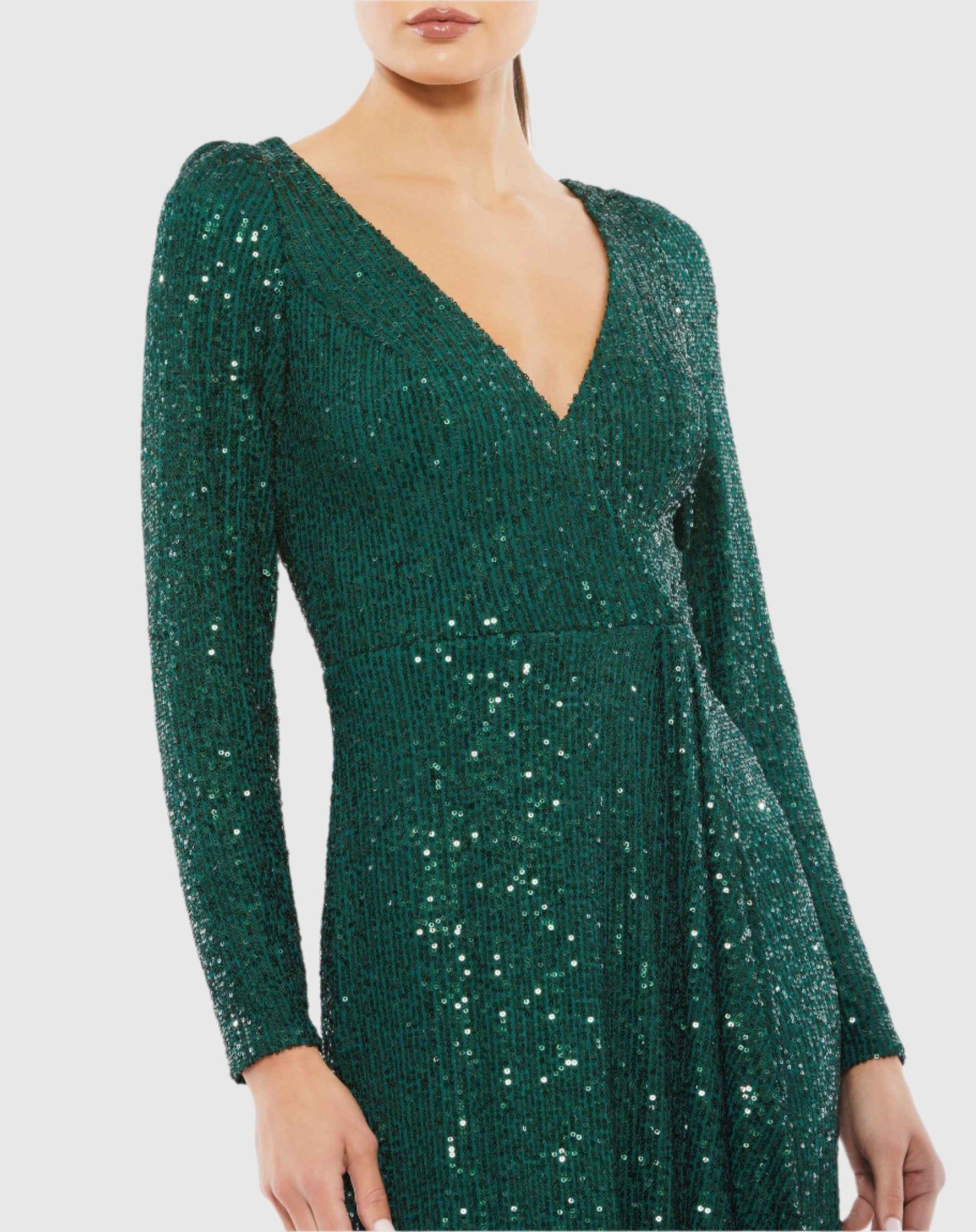 Sequined Faux Wrap Long Sleeve Gown