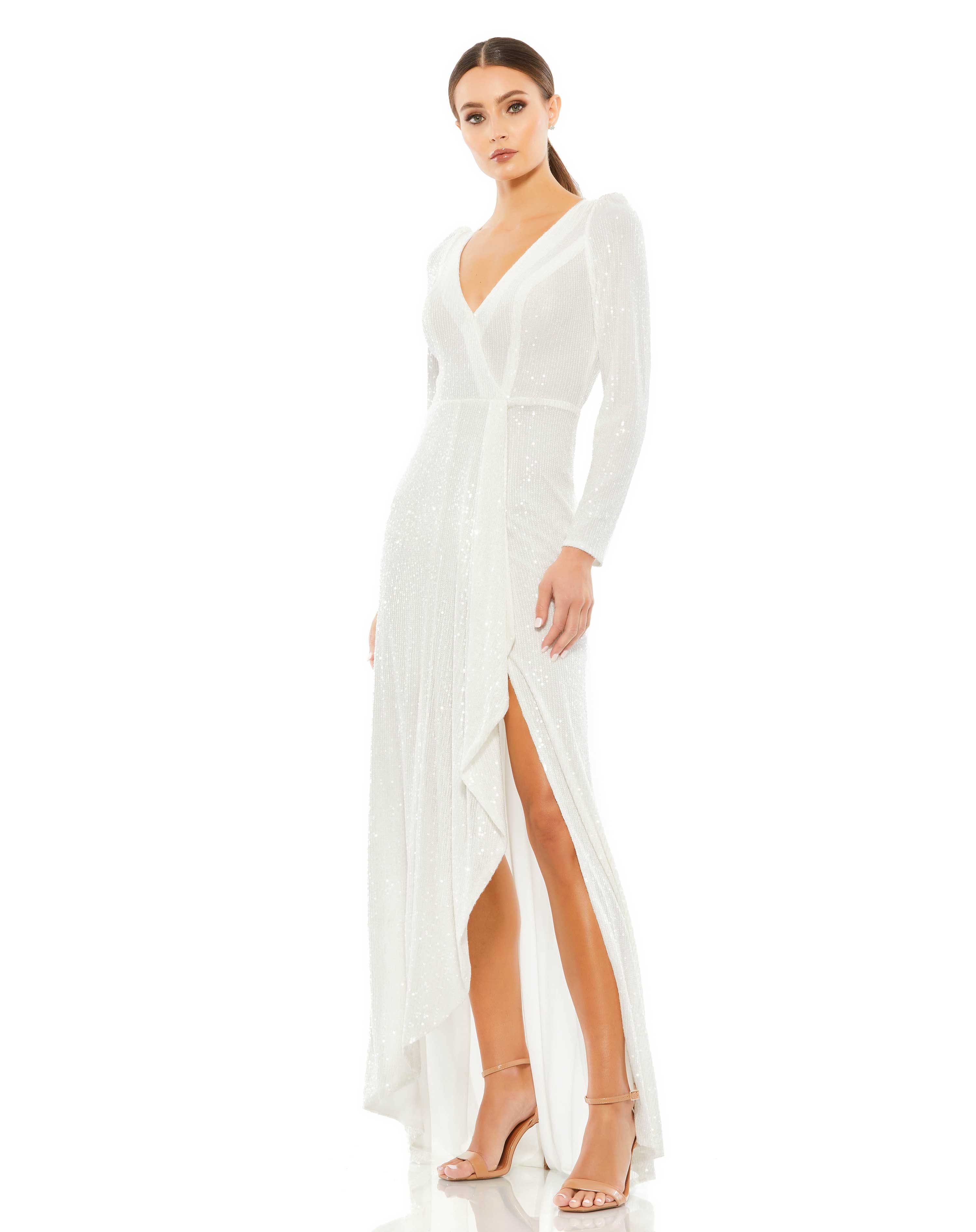 Mac Duggal white deep v-neck sequin wrap evening gown with leg slit.