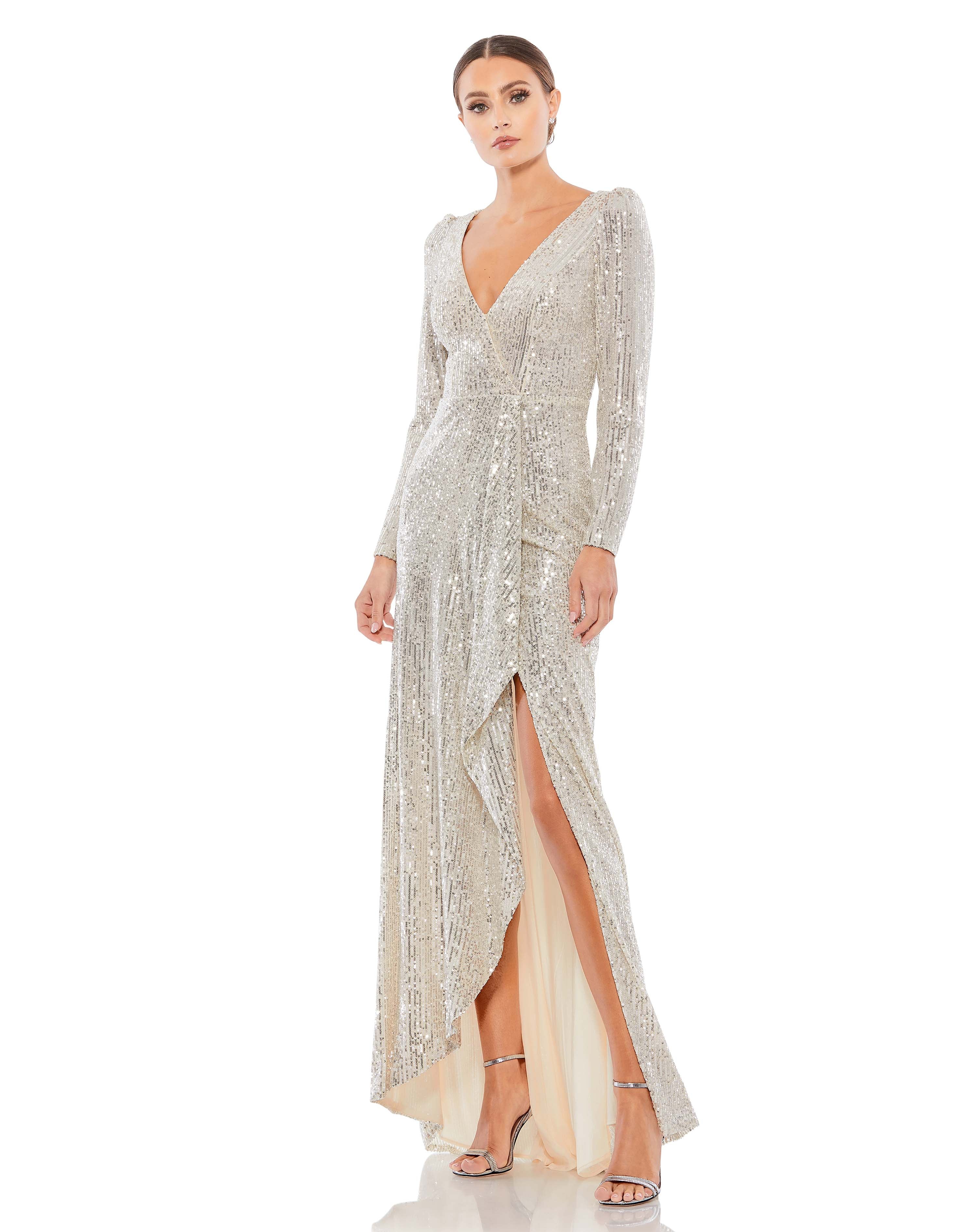 Mac Duggal silver deep v-neck sequin wrap evening gown with leg slit.