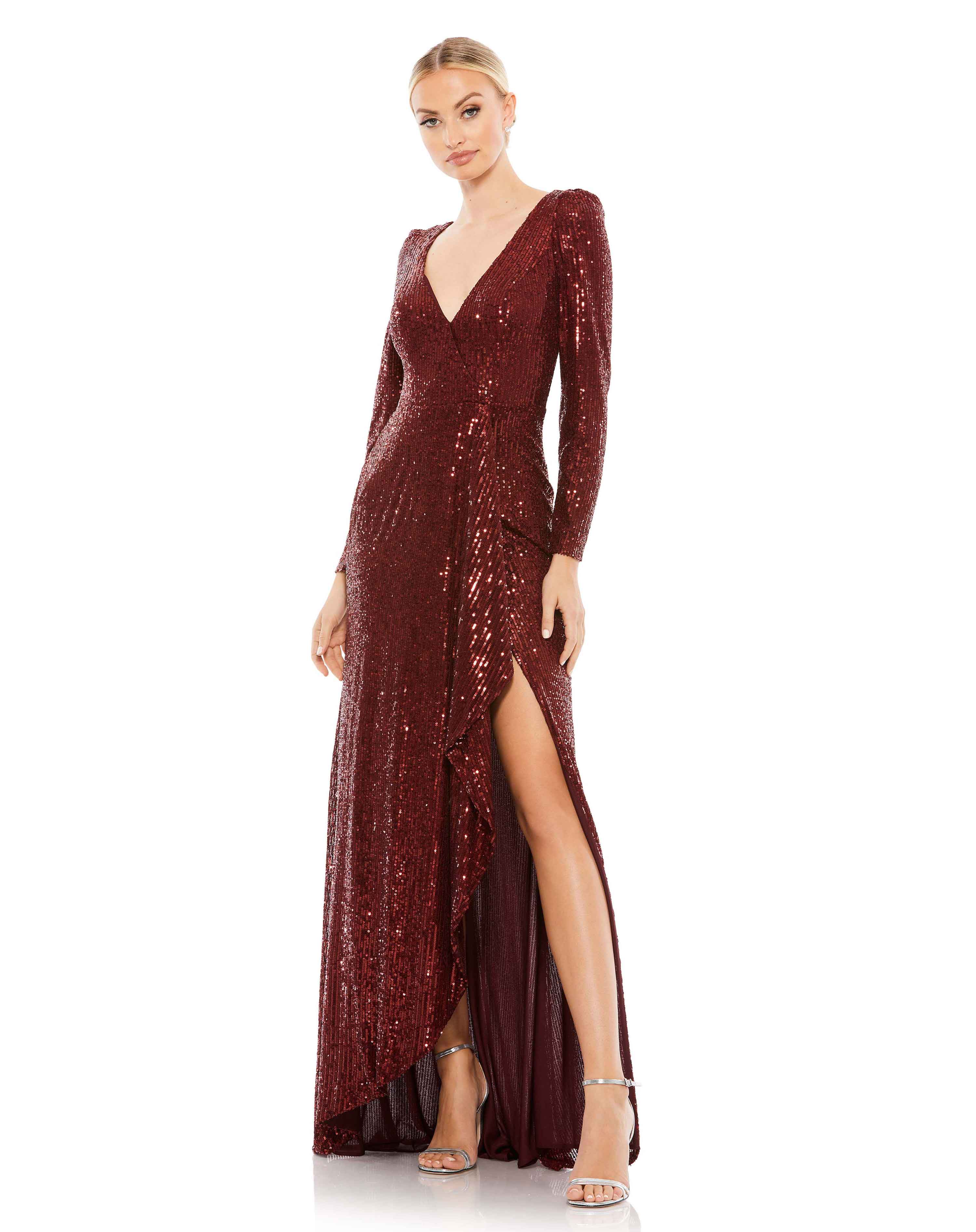 Mac Duggal burgundy deep v-neck sequin wrap evening gown with leg slit.