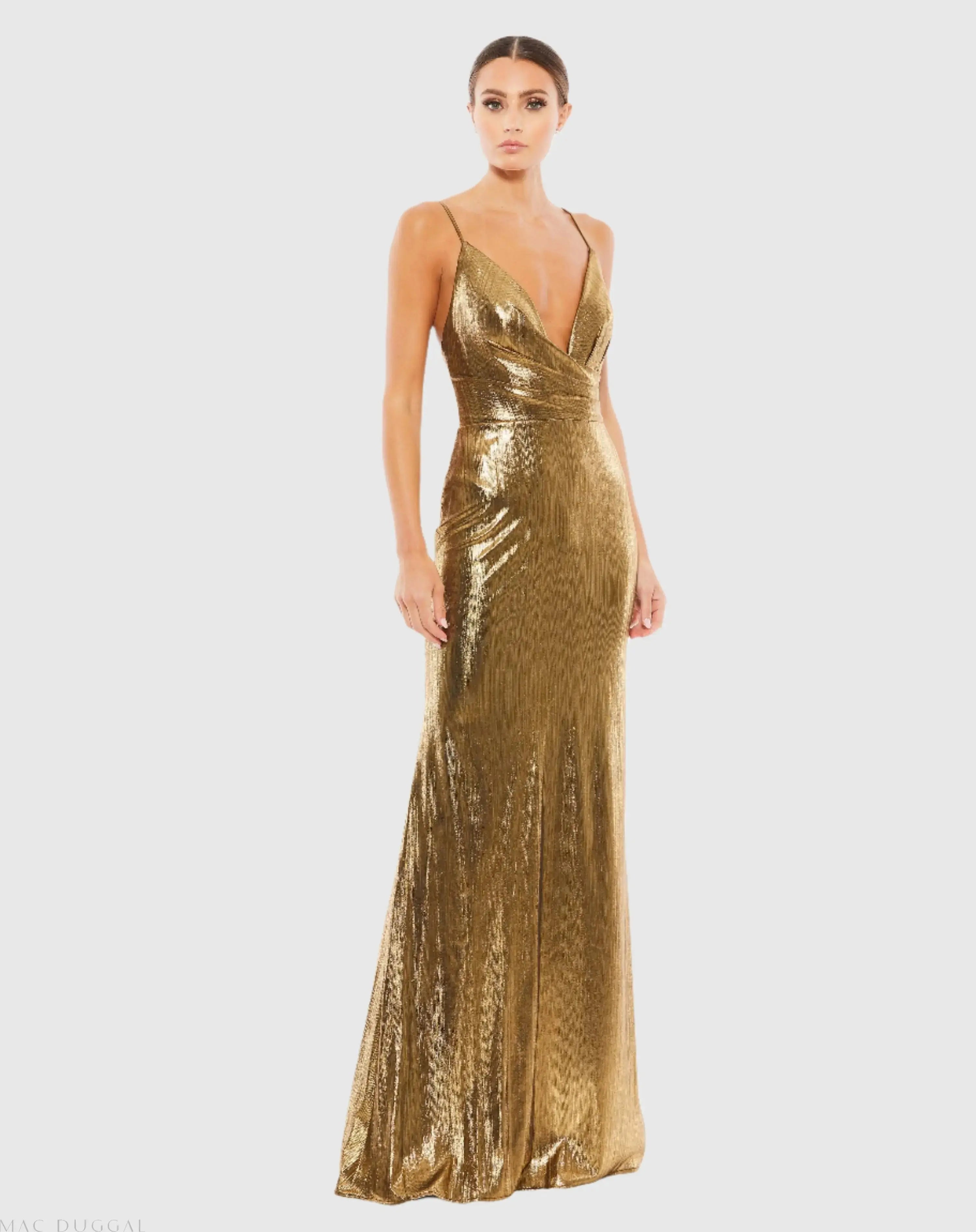 Gold Metallic Faux Wrap Spaghetti Strap Gown - Ieena for Mac Duggal