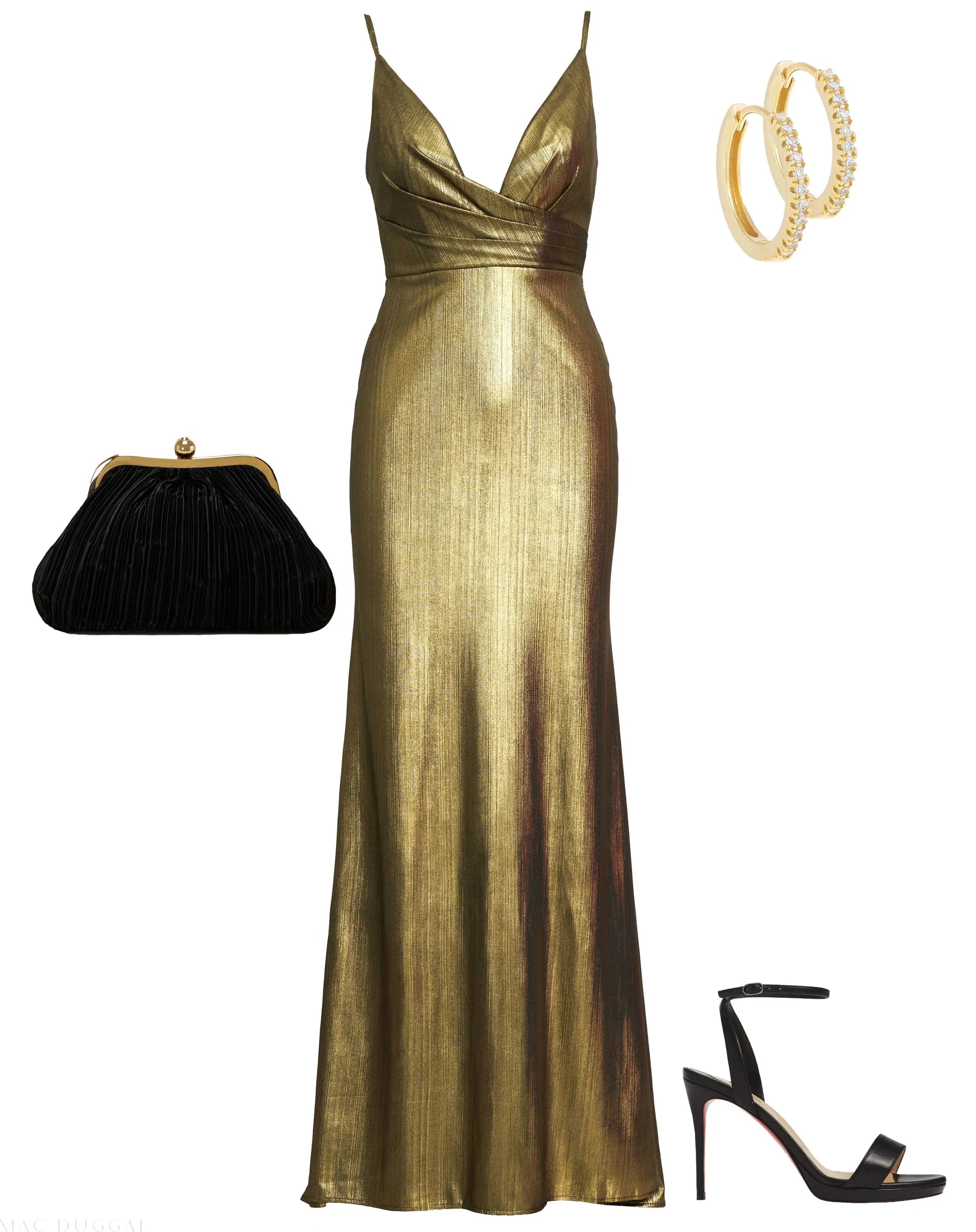 Gold Metallic Faux Wrap Spaghetti Strap Gown - Ieena for Mac Duggal