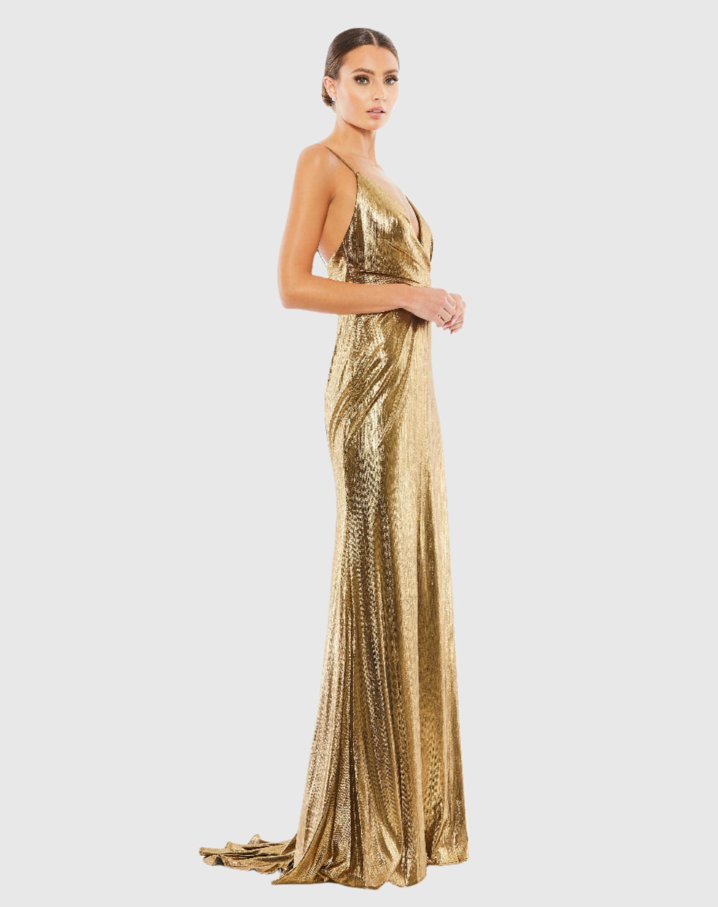 Metallic Faux Wrap Spaghetti Strap Gown