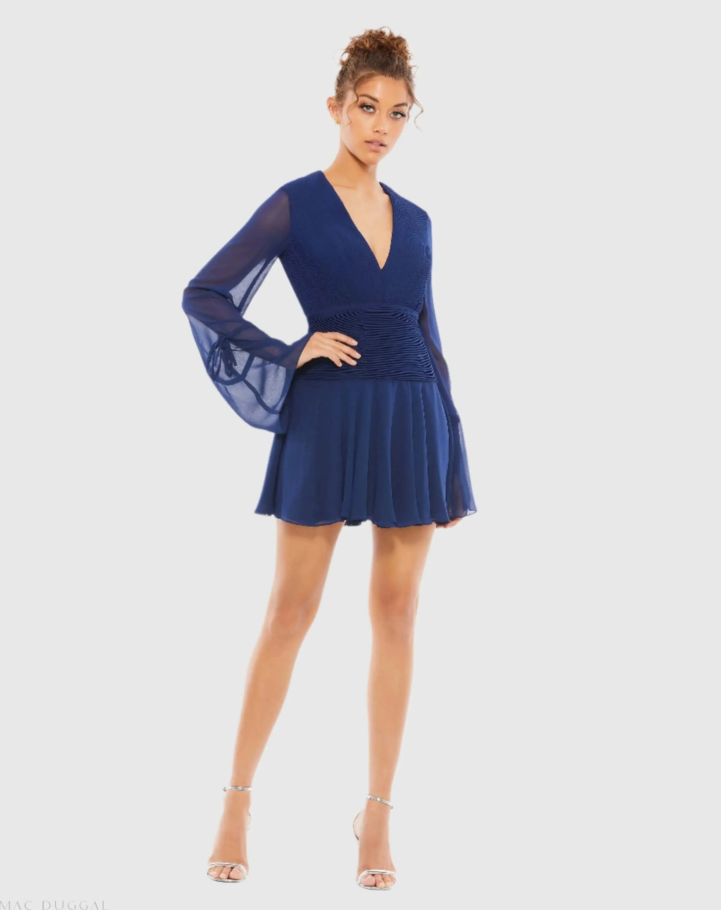 Navy Pleated Bell Sleeve Chiffon Mini Dress - Ieena for Mac Duggal