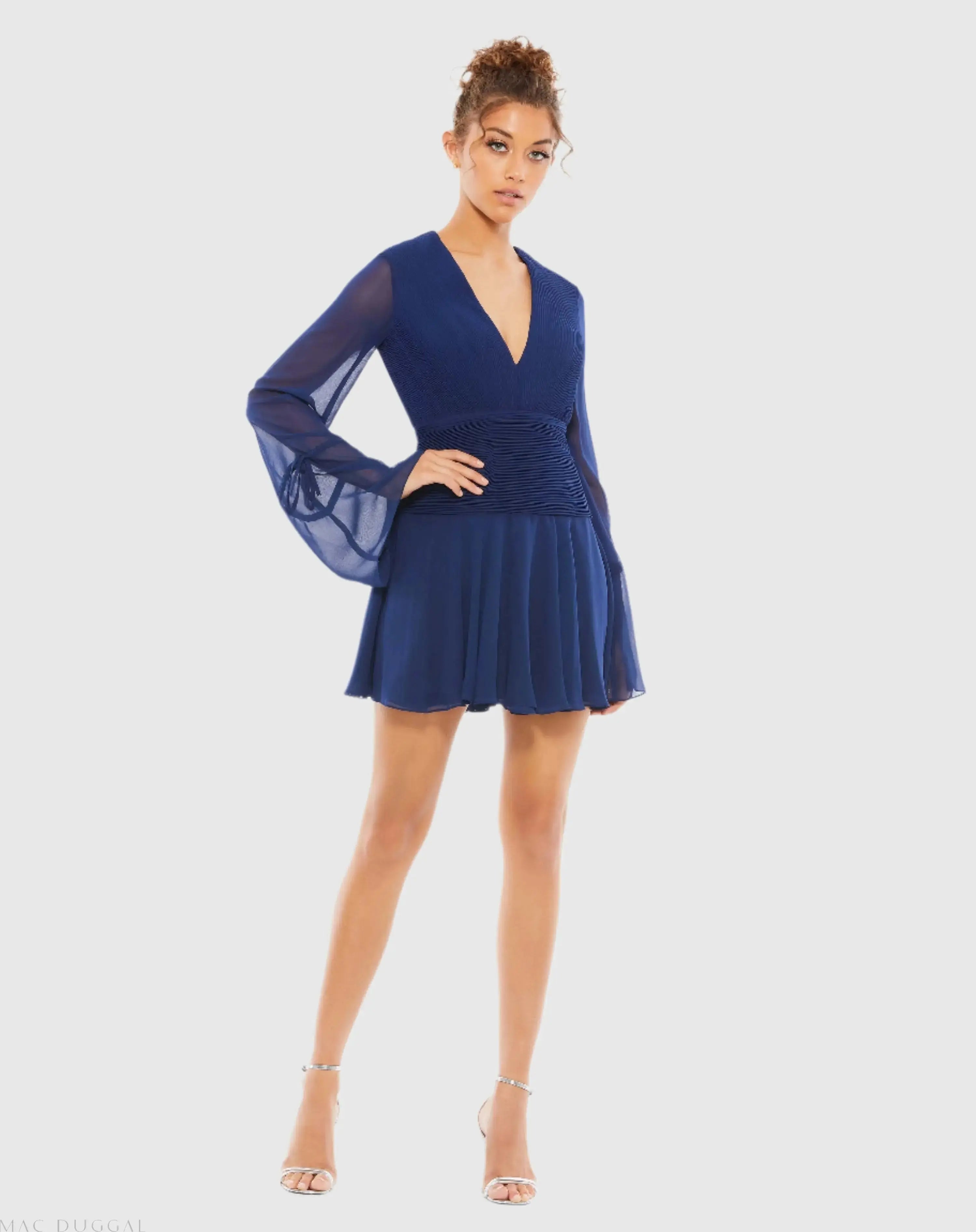 Navy Pleated Bell Sleeve Chiffon Mini Dress - Ieena for Mac Duggal