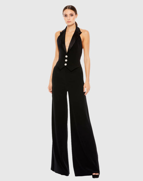 Black Tuxedo Halter Jumpsuit Ieena for Mac Duggal
