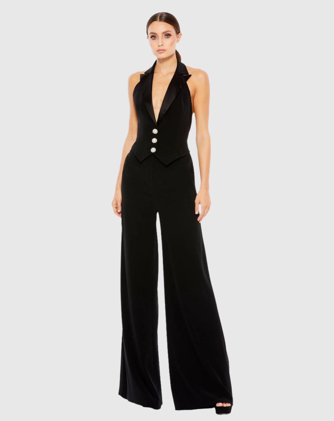 Black Tuxedo Halter Jumpsuit Ieena for Mac Duggal