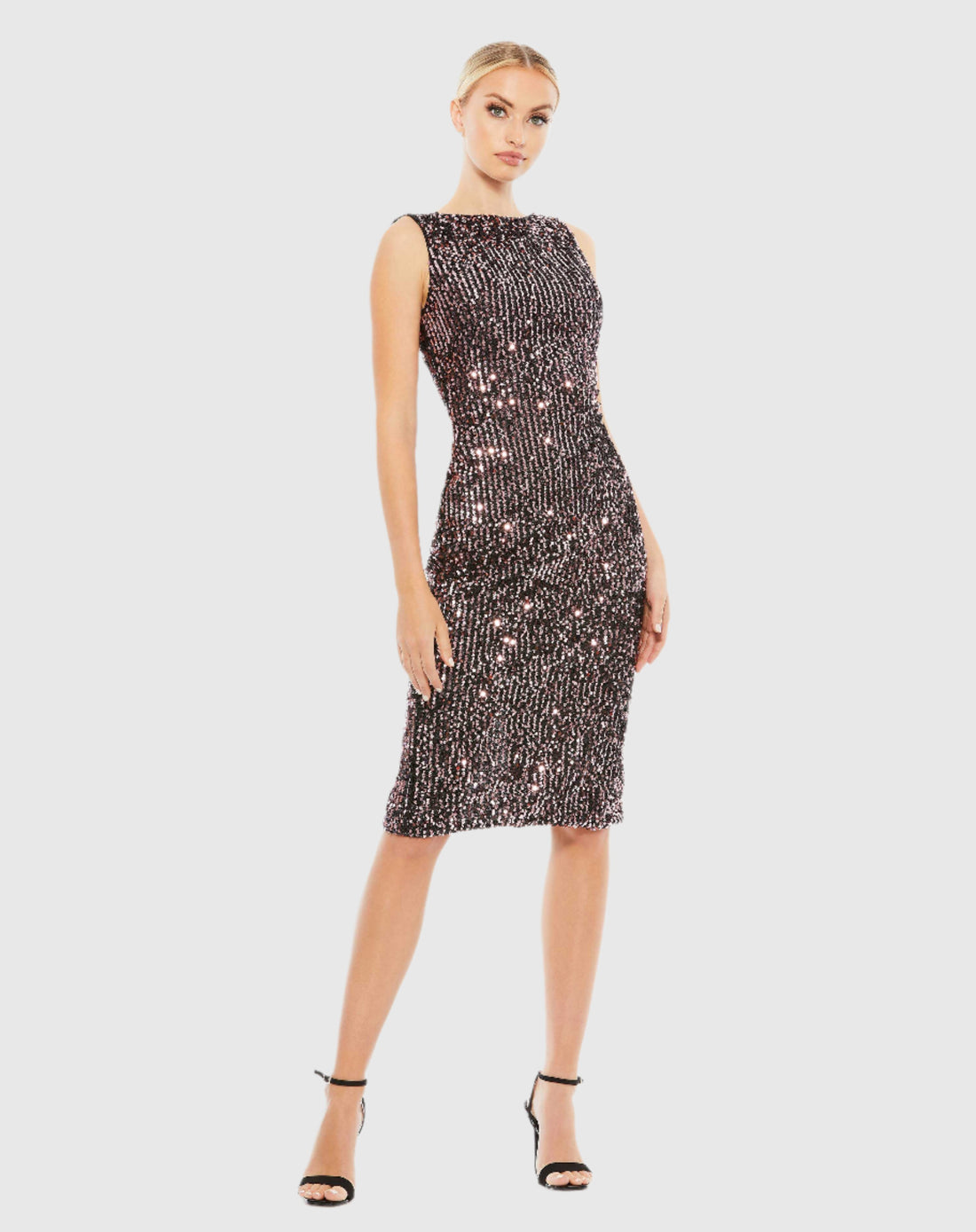 Draped Back Boat Neck Sequined Cocktail Dress