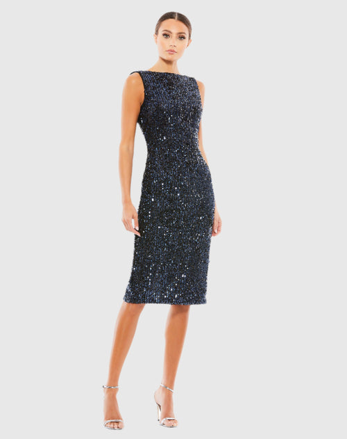 Draped Back Boat Neck Sequined Cocktail Dress