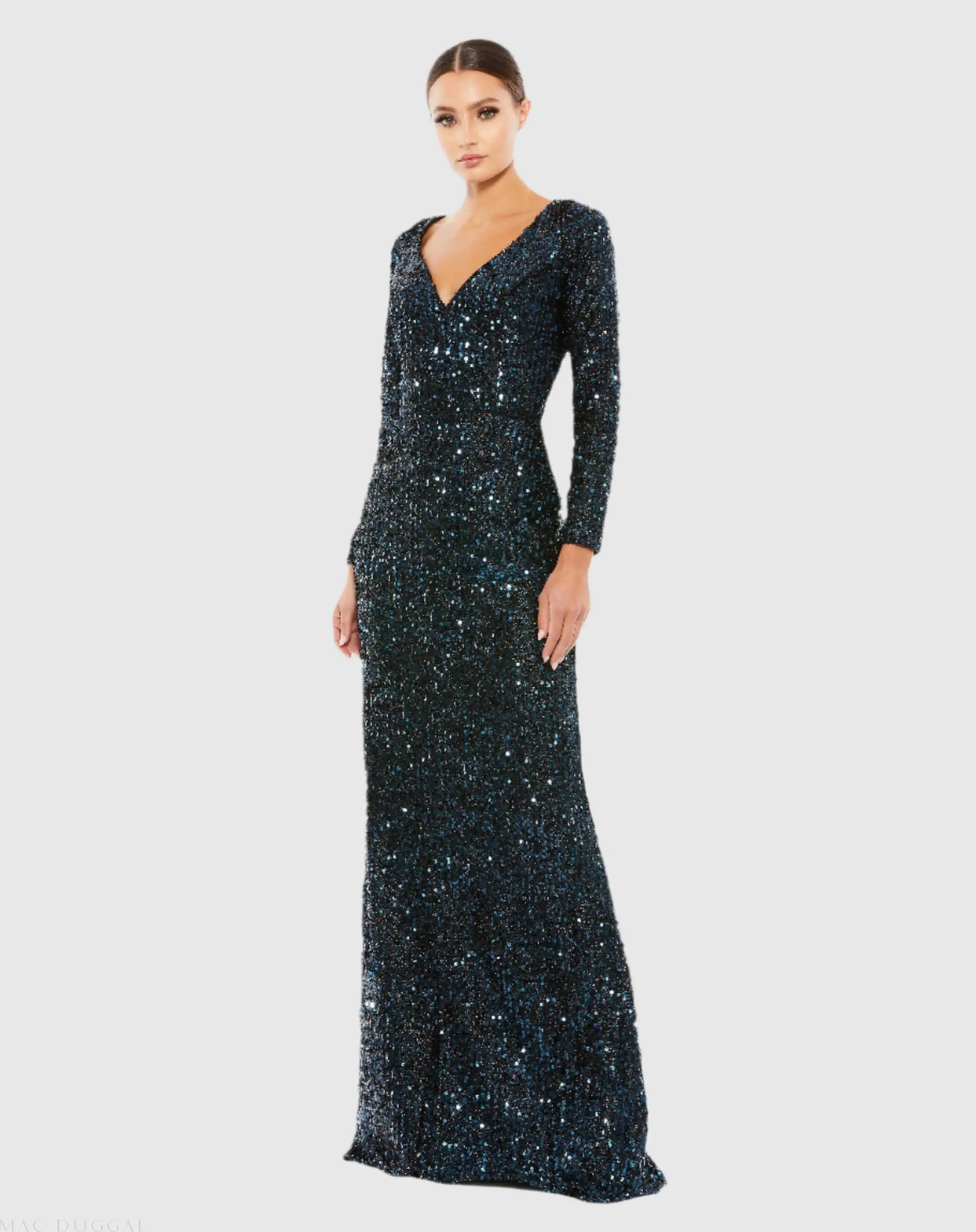 Navy Long Sleeve Sequined Gown - Mac Duggal