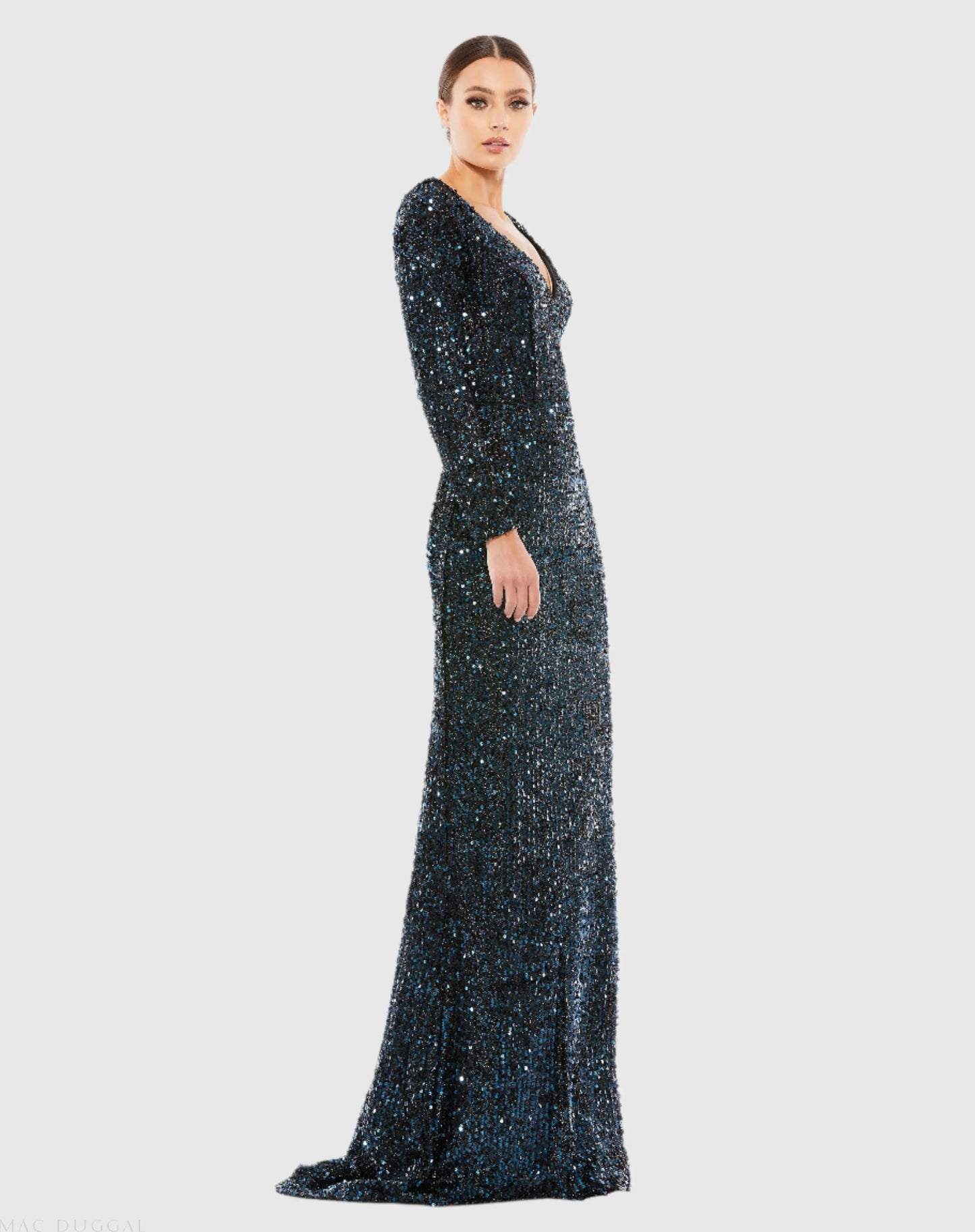 Navy Long Sleeve Sequined Gown - Ieena for Mac Duggal